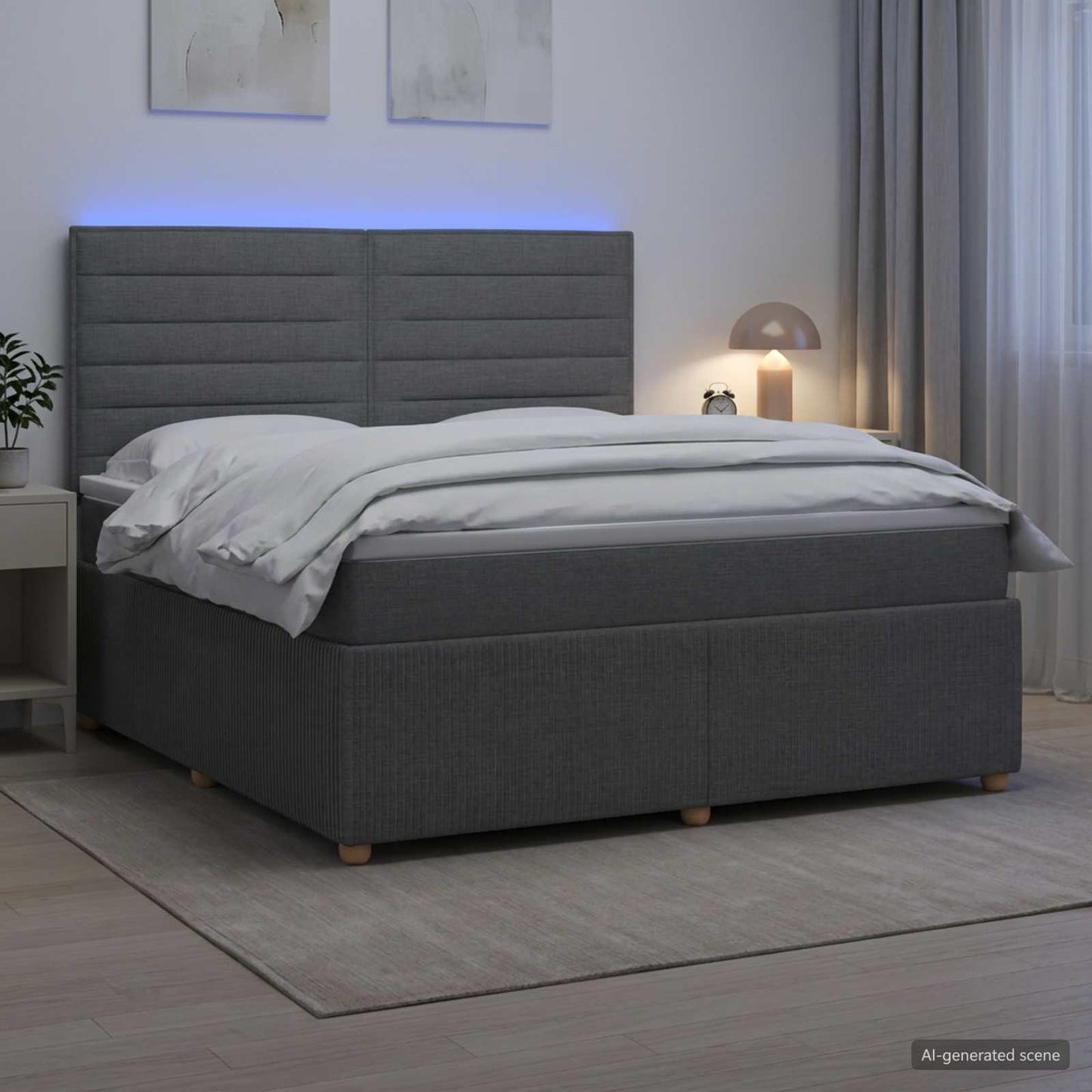 LED Boxspring Ágy Mattal Sötétszürke 140 x 190 cm Szövet