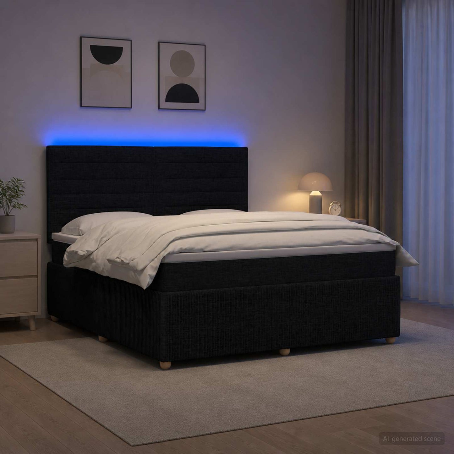 LED Boxspring Ágy Mattal fejtámlával Fekete 180 x 200 cm Szövet