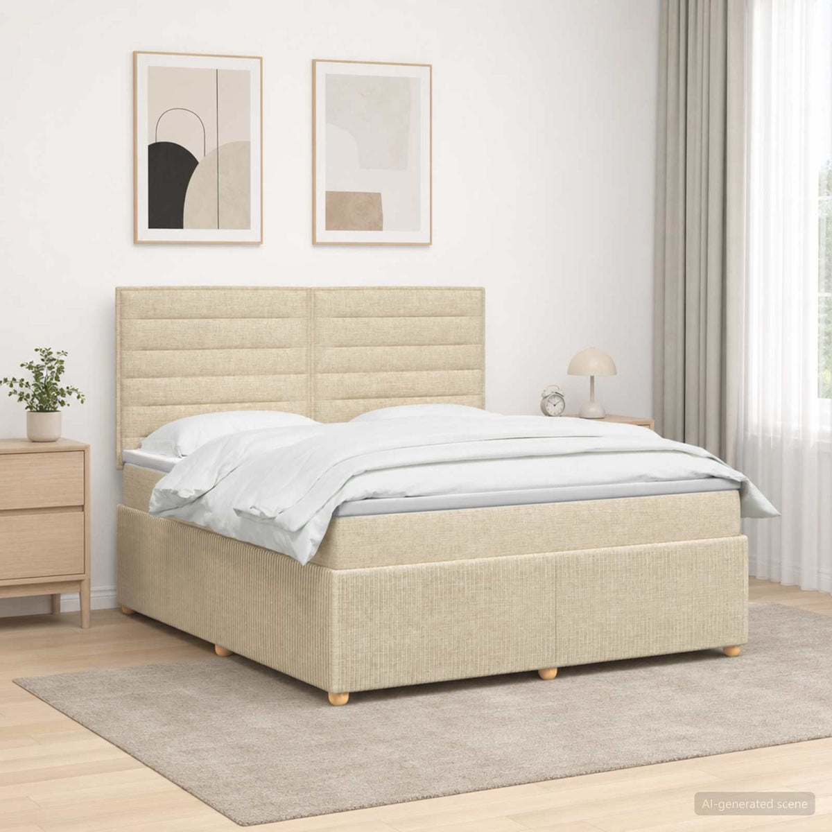 LED Boxspring Ágy Mattal Krémszínű 160 x 200 cm Szövet
