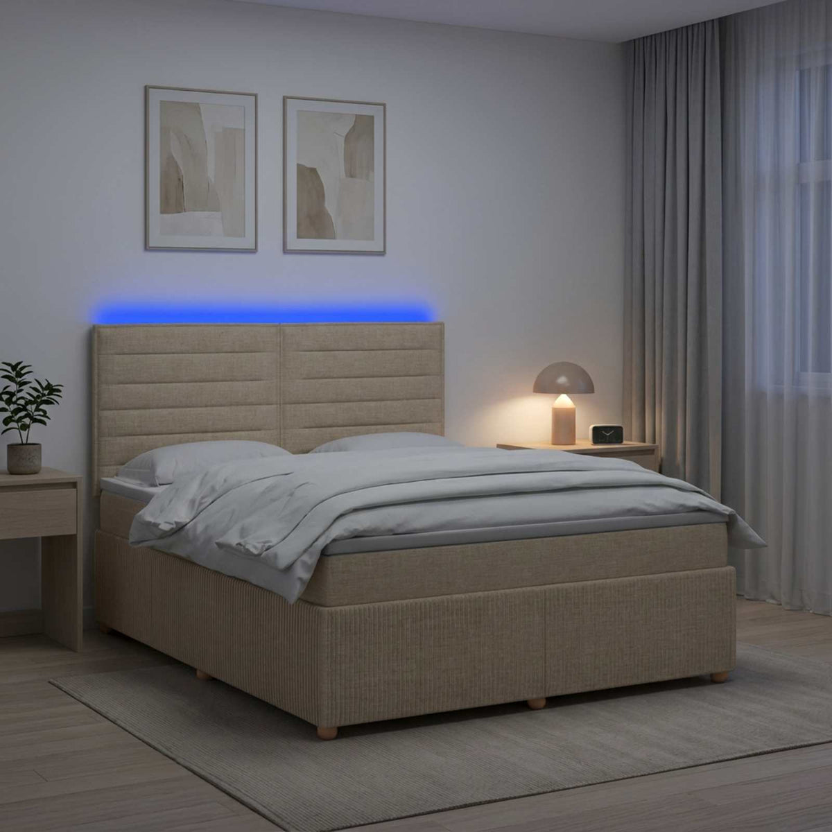 LED Boxspring Ágy Mattal Krémszínű 160 x 200 cm Szövet