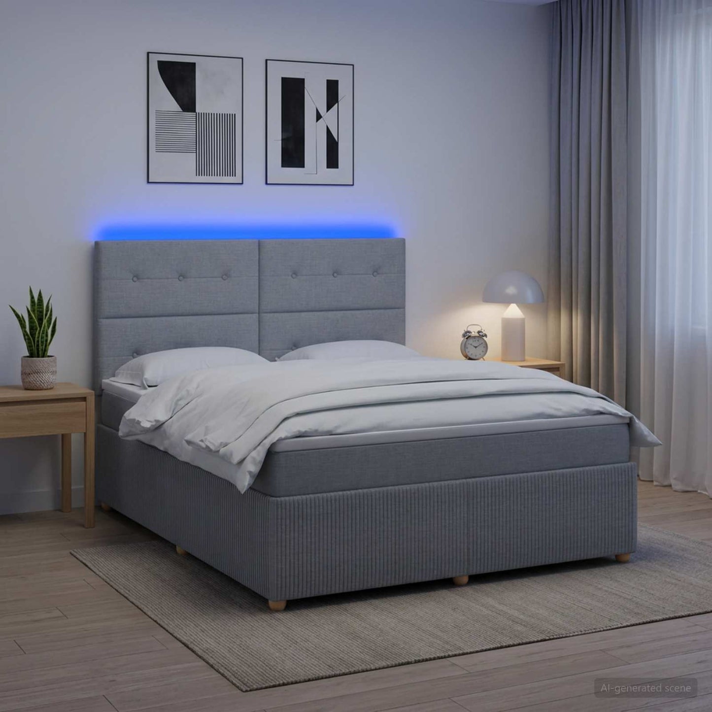 LED Boxspring Ágy Mattal Világosszürke 180 x 200 cm Szövet