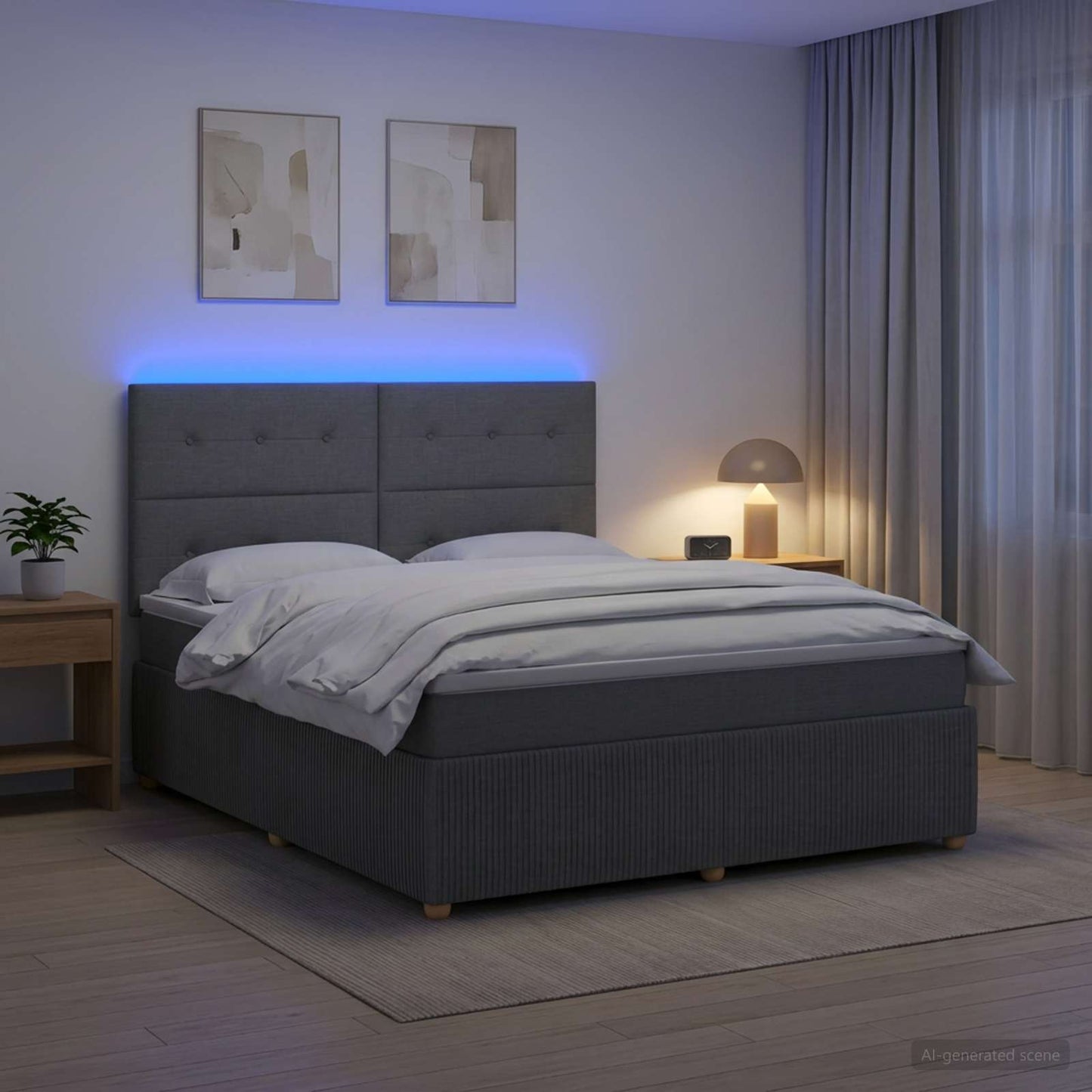 LED Boxspring Ágy Mattal Sötétszürke 160 x 200 cm Szövet