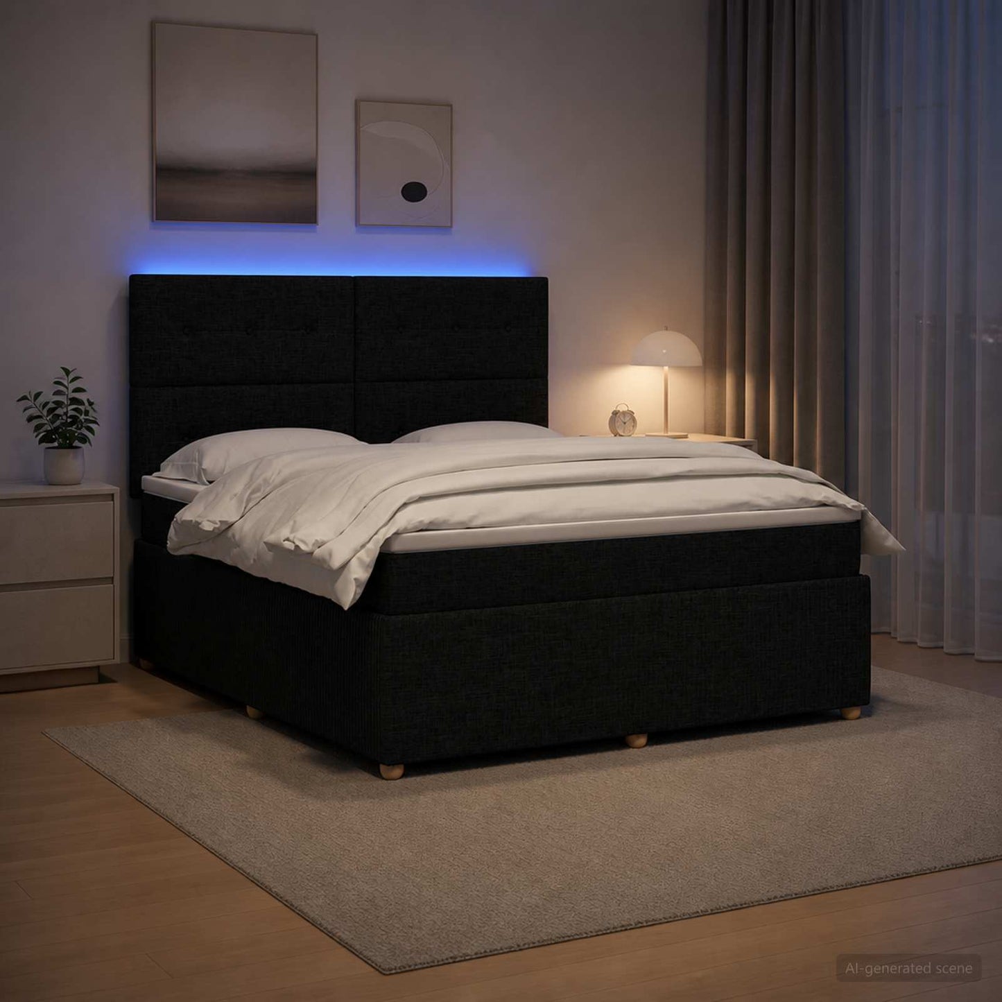 LED Boxspring Ágy Mattal fejtámlával Fekete 180 x 200 cm Szövet