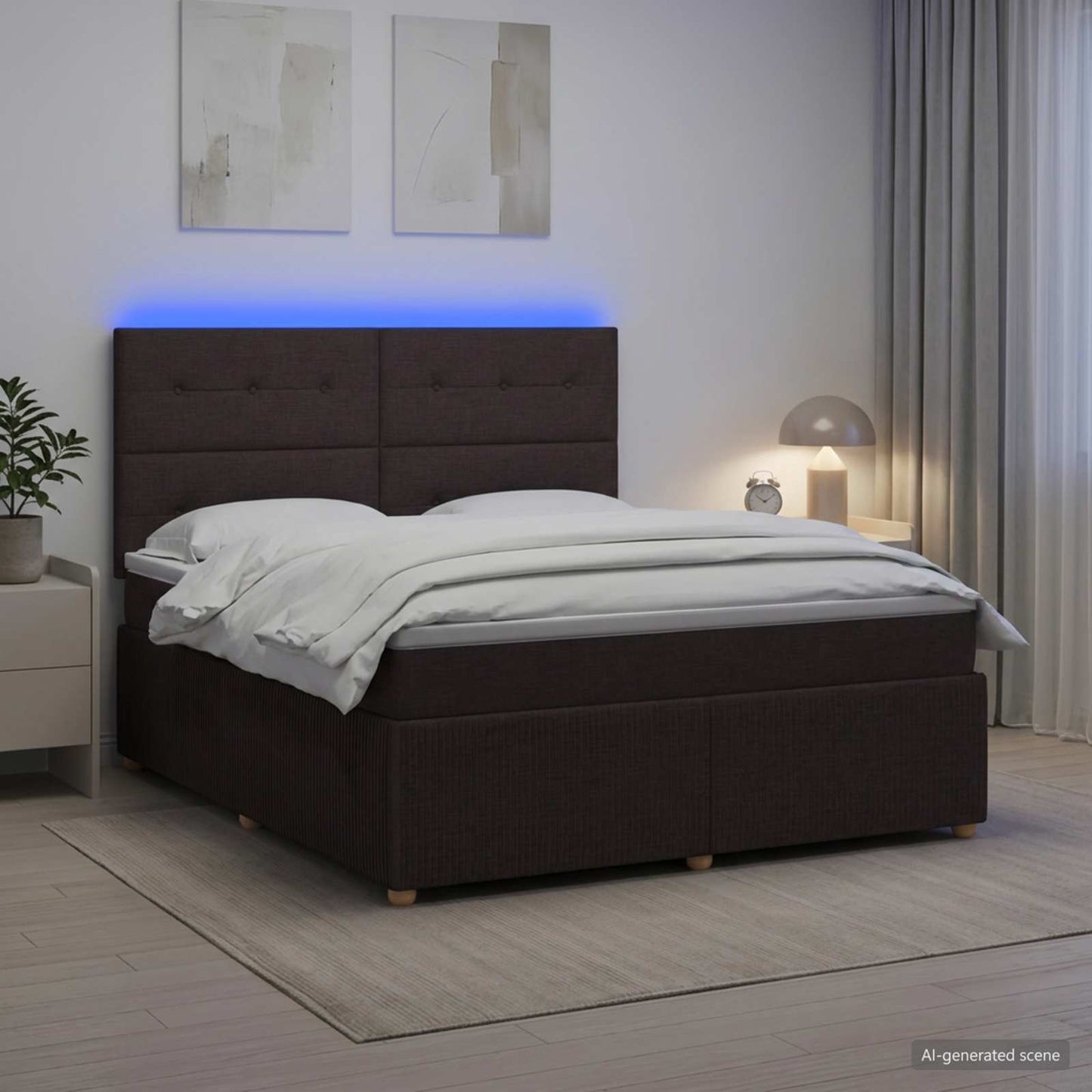 LED Boxspring Ágy Mattal Sötét Barna 140 x 190 cm Szövet