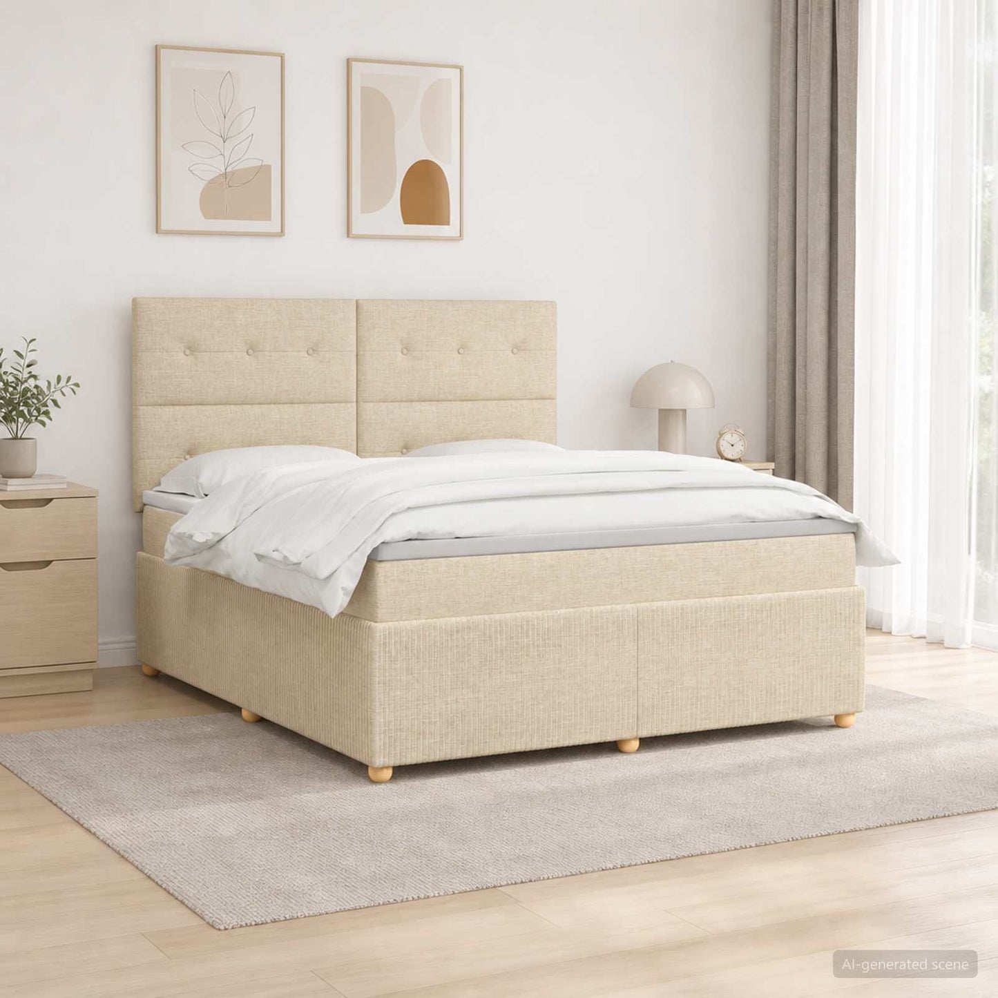 LED Boxspring Ágy Mattal Krémszínű 140 x 200 cm Szövet