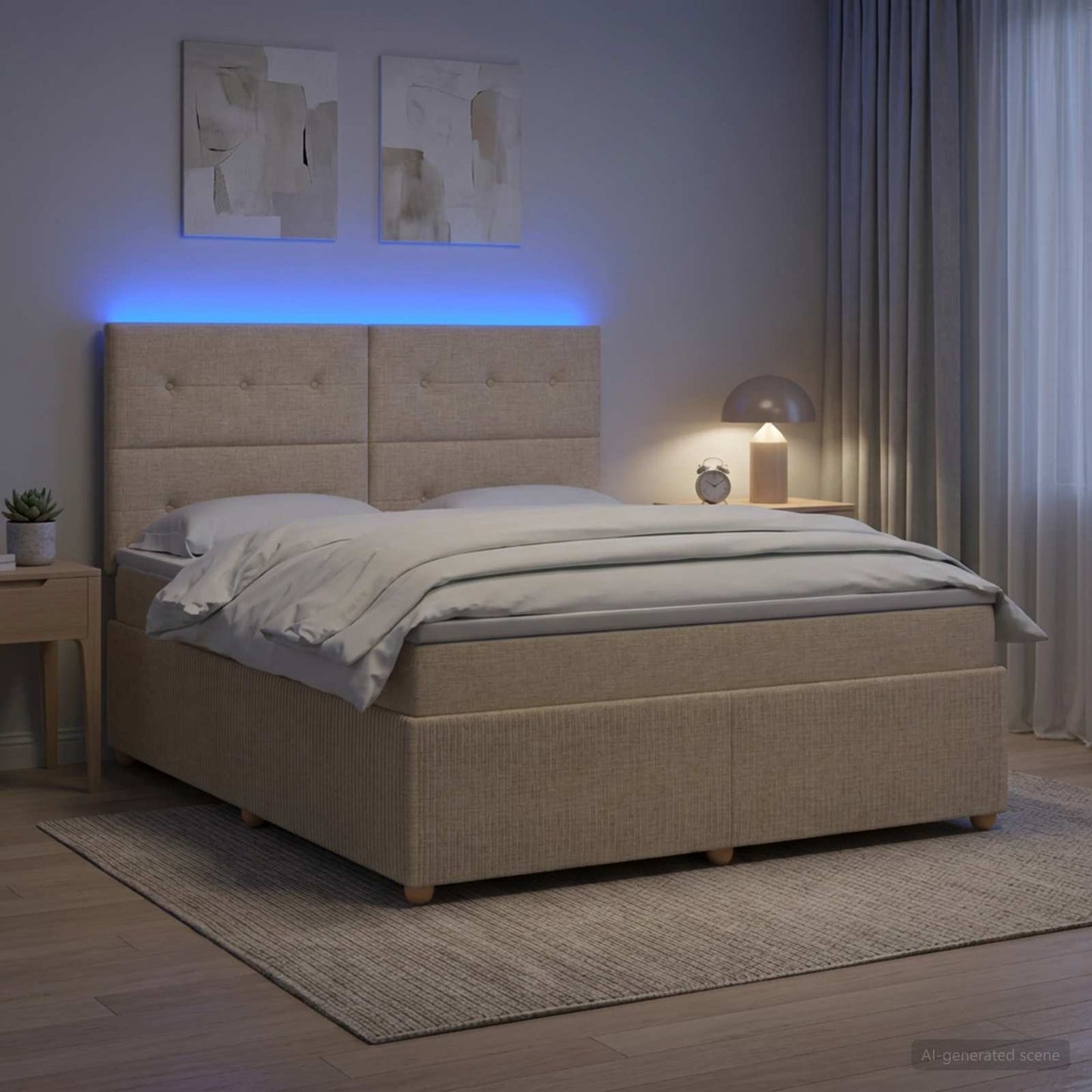 LED Boxspring Ágy Mattal Krémszínű 140 x 190 cm Szövet