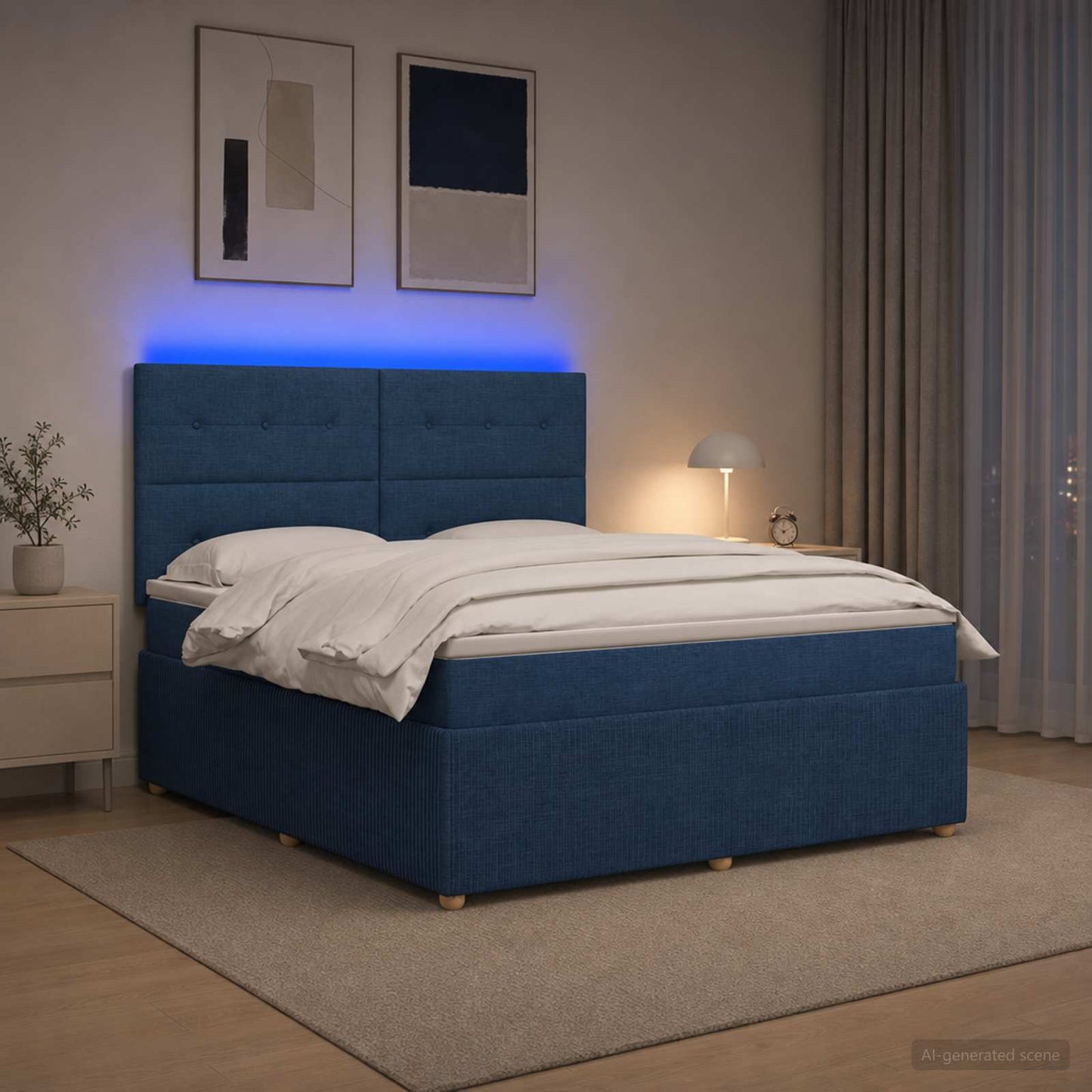 LED Boxspring Ágy Mattal fejtámlával Kék 140 x 200 cm Szövet
