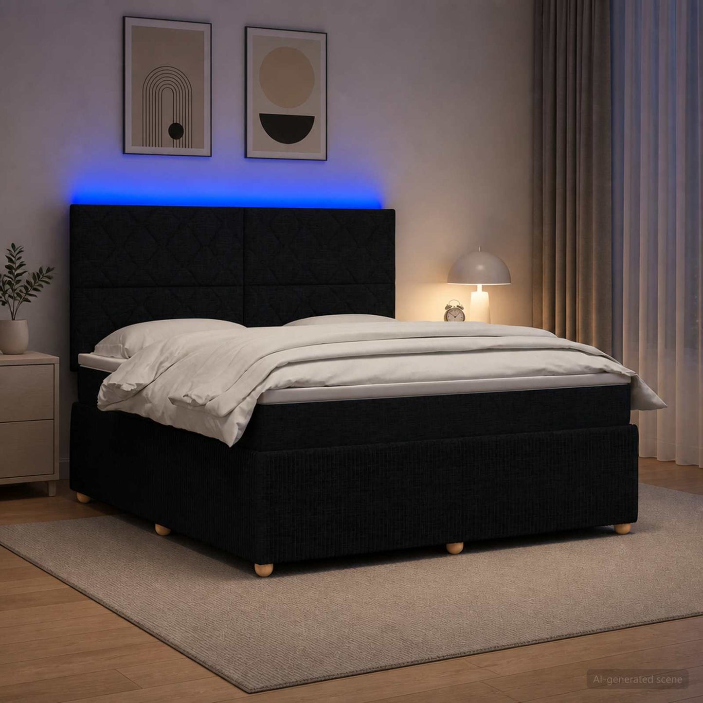 LED Boxspring Ágy Mattal fejtámlával Fekete 180 x 200 cm Szövet