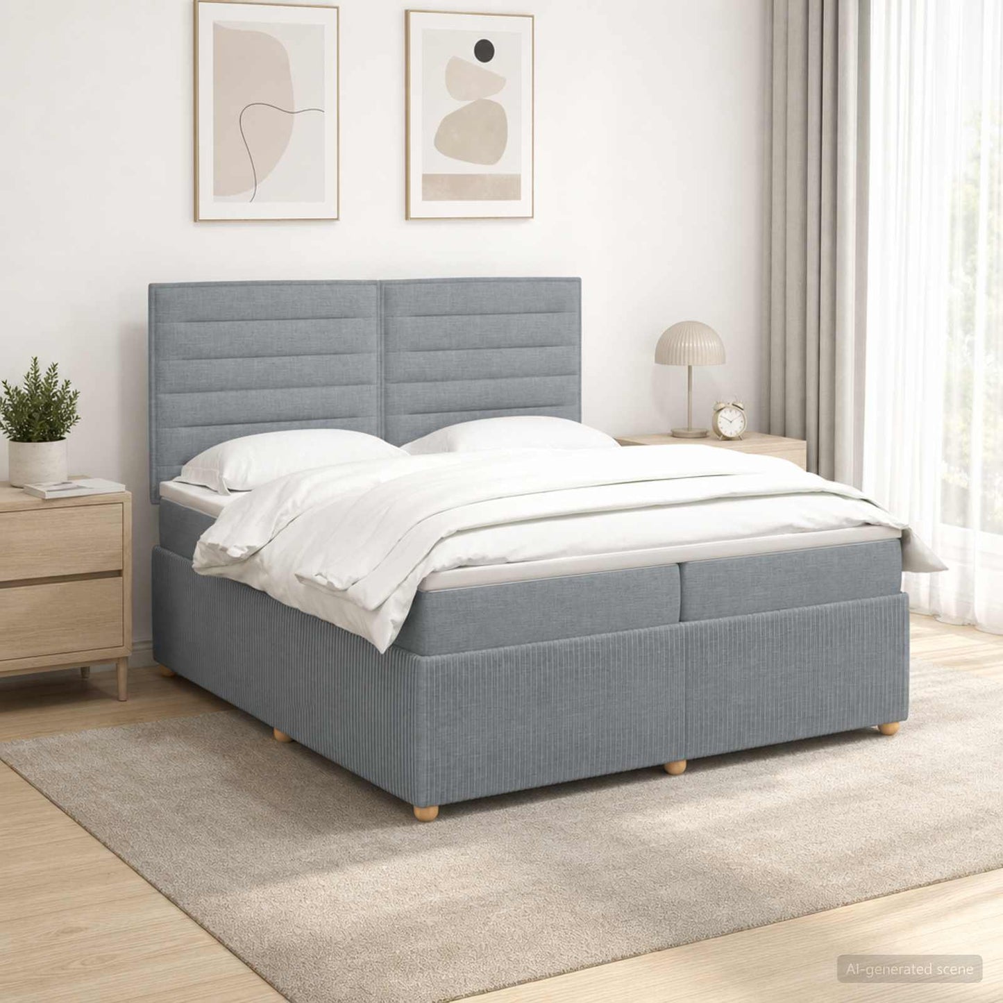 LED Boxspring Ágy Mattal Világosszürke 200 x 200 cm Szövet