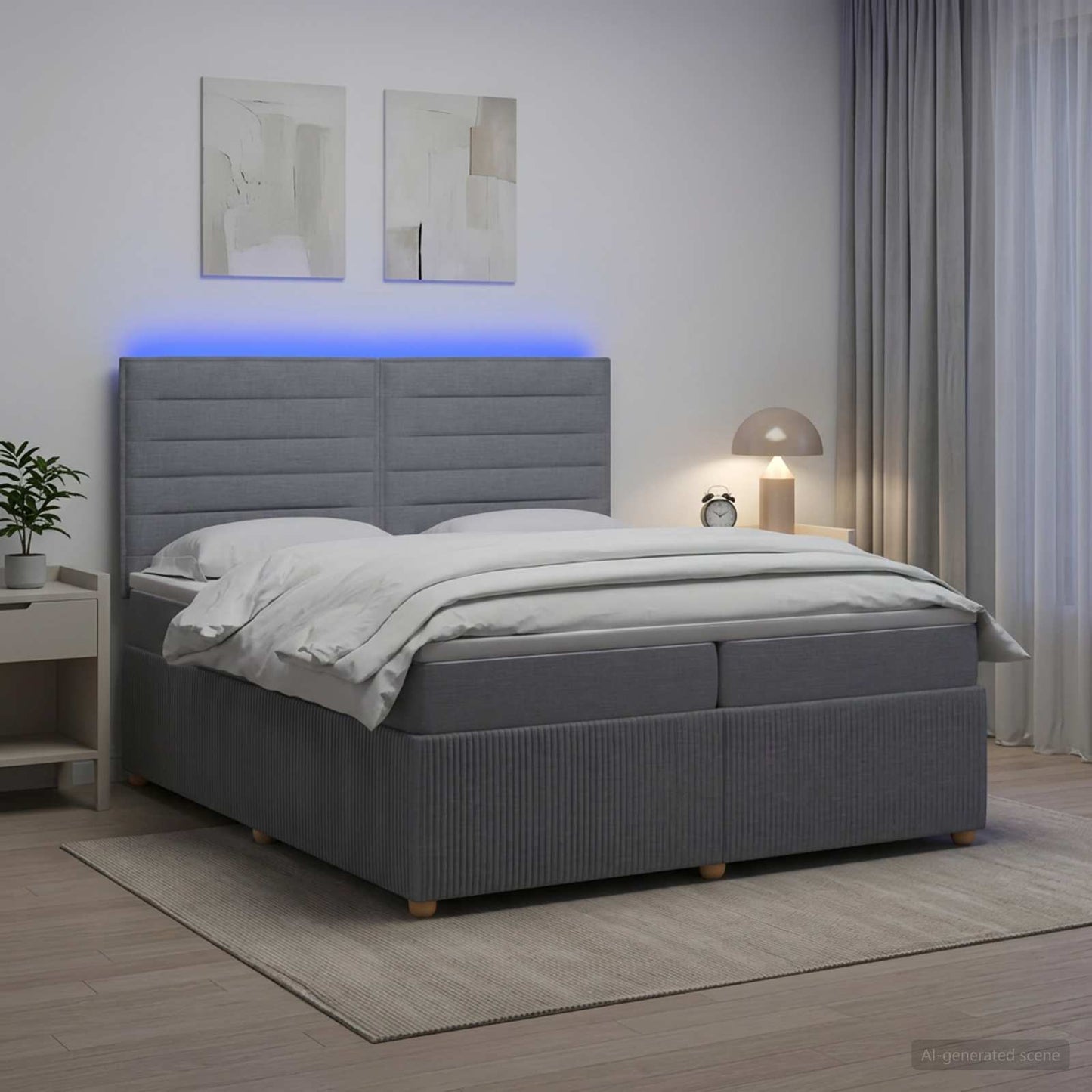 LED Boxspring Ágy Mattal Világosszürke 200 x 200 cm Szövet