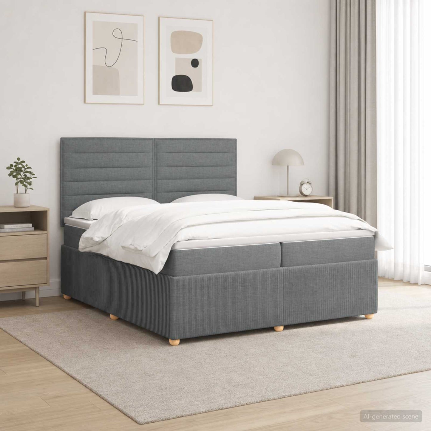 LED Boxspring Ágy Mattal Sötétszürke 200 x 200 cm Szövet