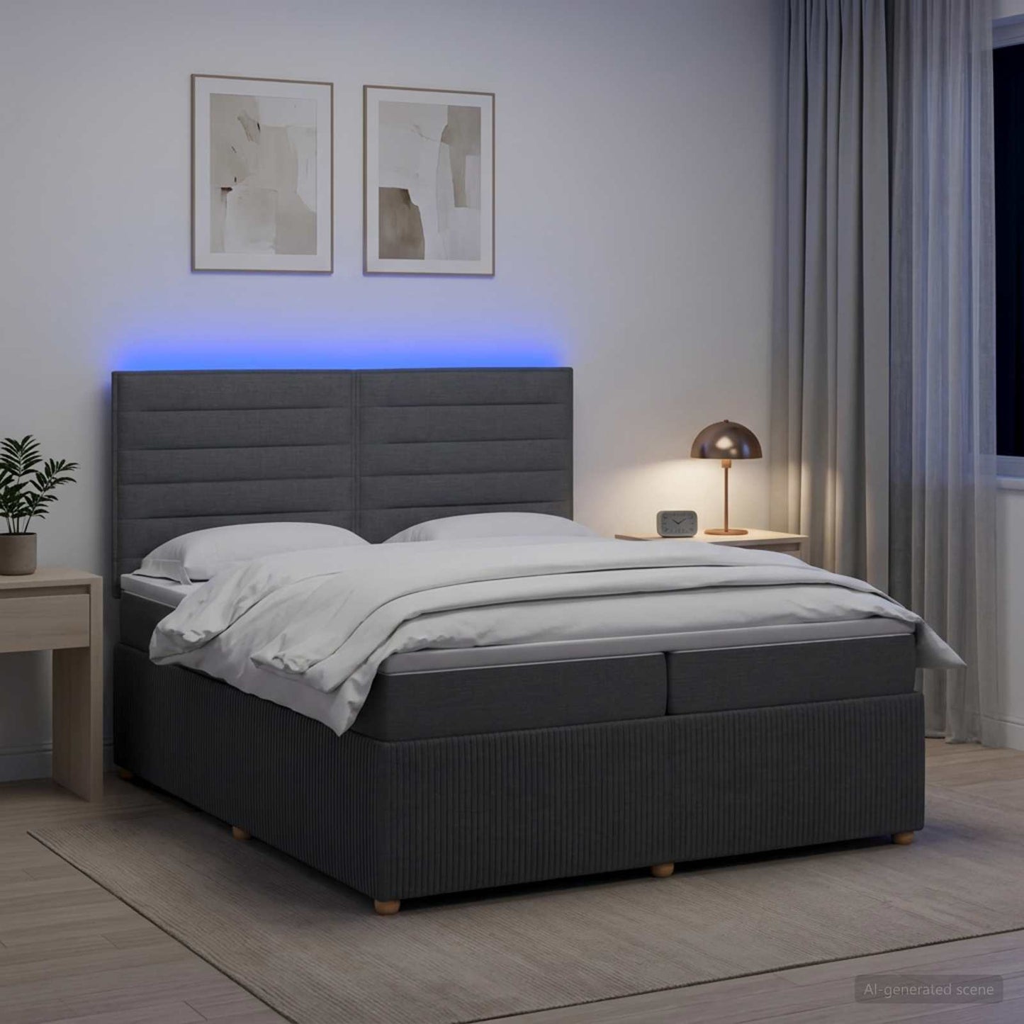 LED Boxspring Ágy Mattal Sötétszürke 200 x 200 cm Szövet