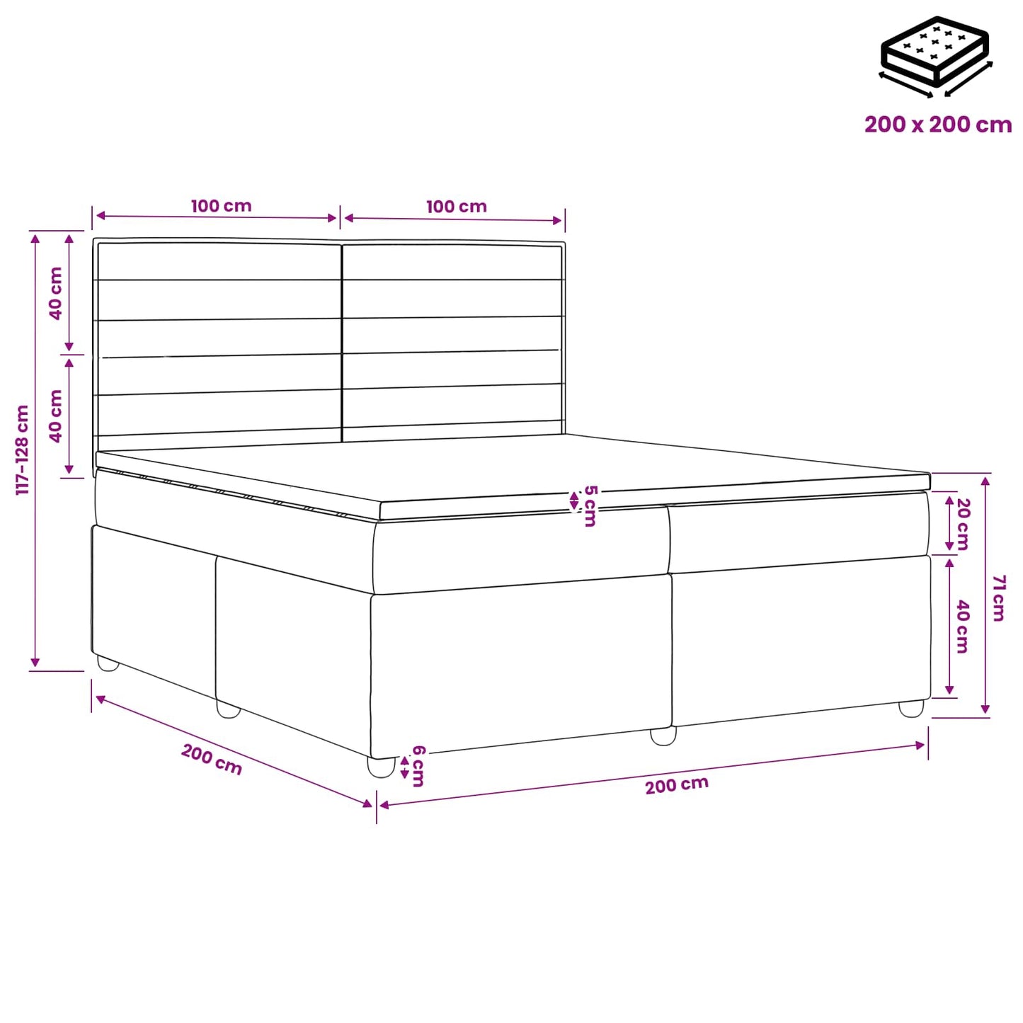 LED Boxspring Ágy Mattal Sötét Barna 200 x 200 cm Szövet