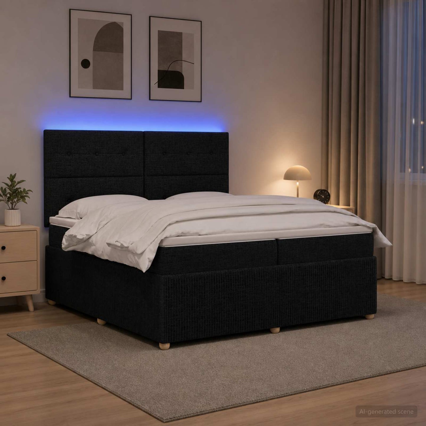 LED Boxspring Ágy Mattal fejtámlával Fekete 200 x 200 cm Szövet