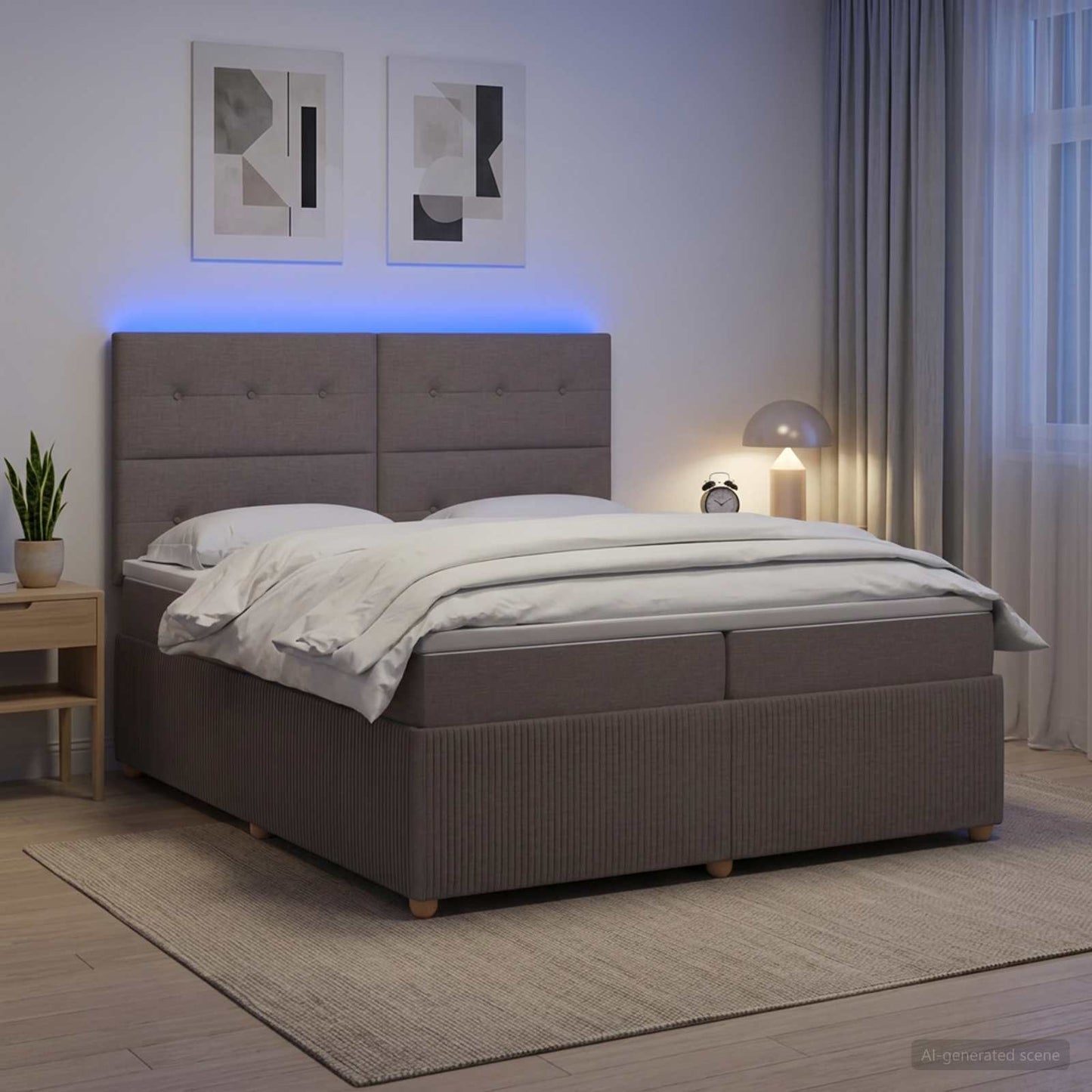 LED Boxspring Ágy Mattal Tópszínű 200 x 200 cm Szövet