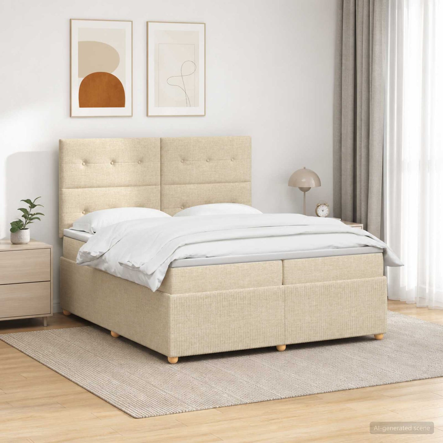 LED Boxspring Ágy Mattal Krémszínű 200 x 200 cm Szövet