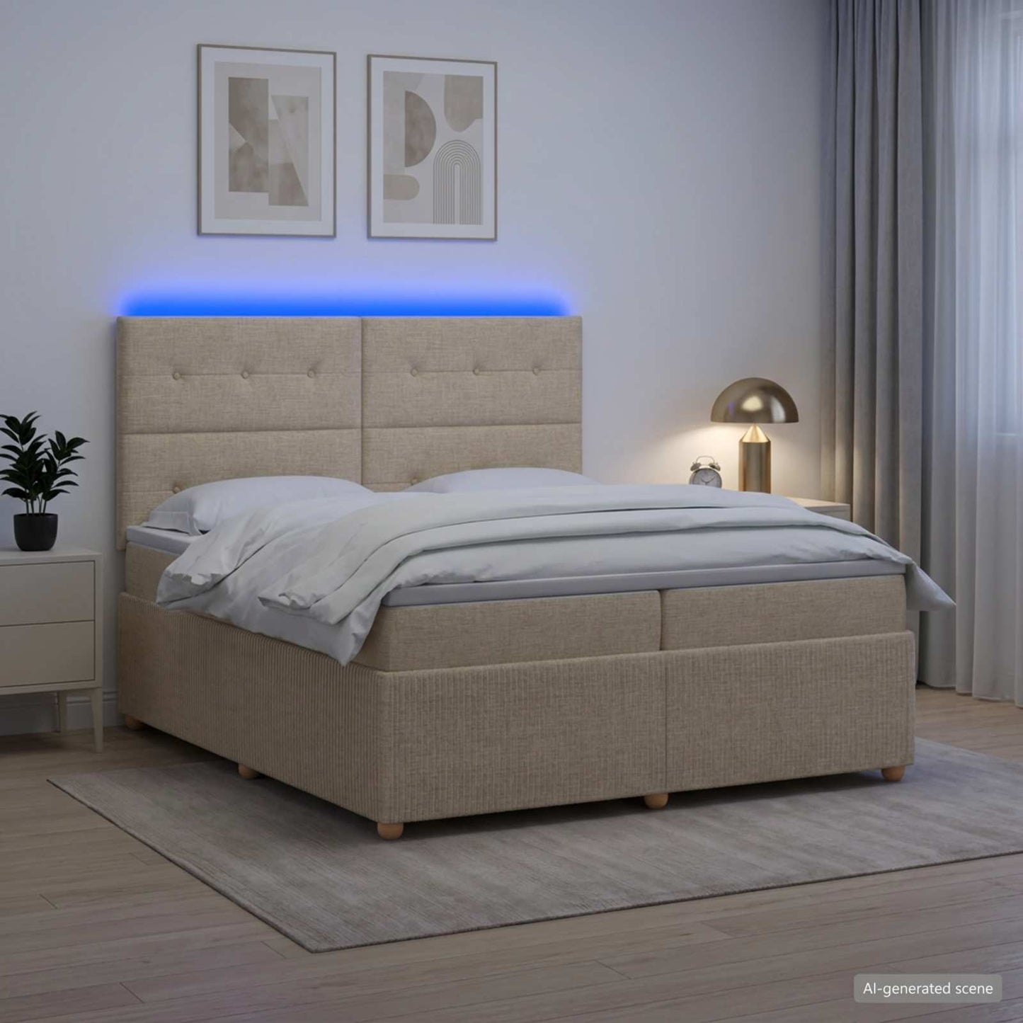 LED Boxspring Ágy Mattal Krémszínű 200 x 200 cm Szövet