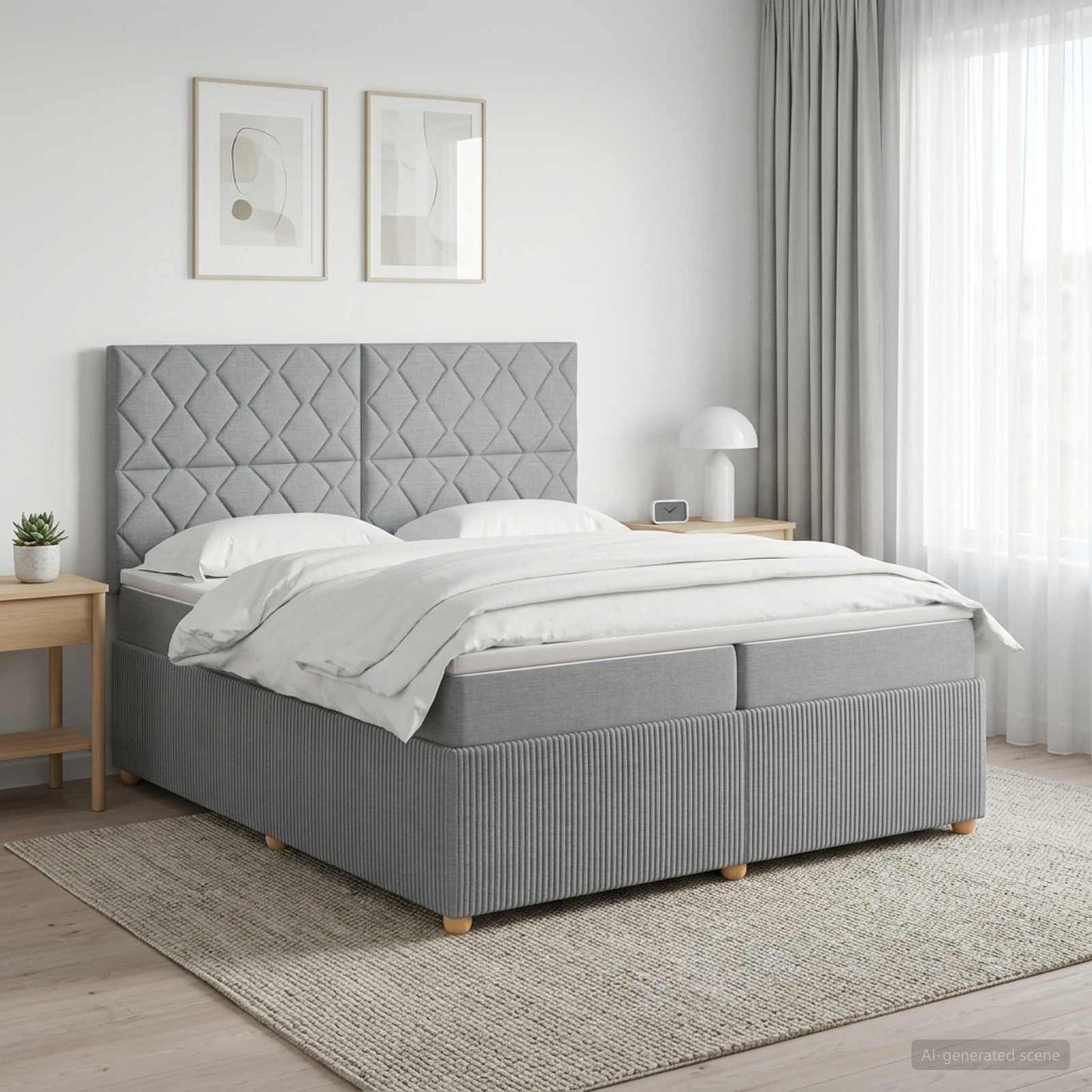 LED Boxspring Ágy Mattal Világosszürke 200 x 200 cm Szövet