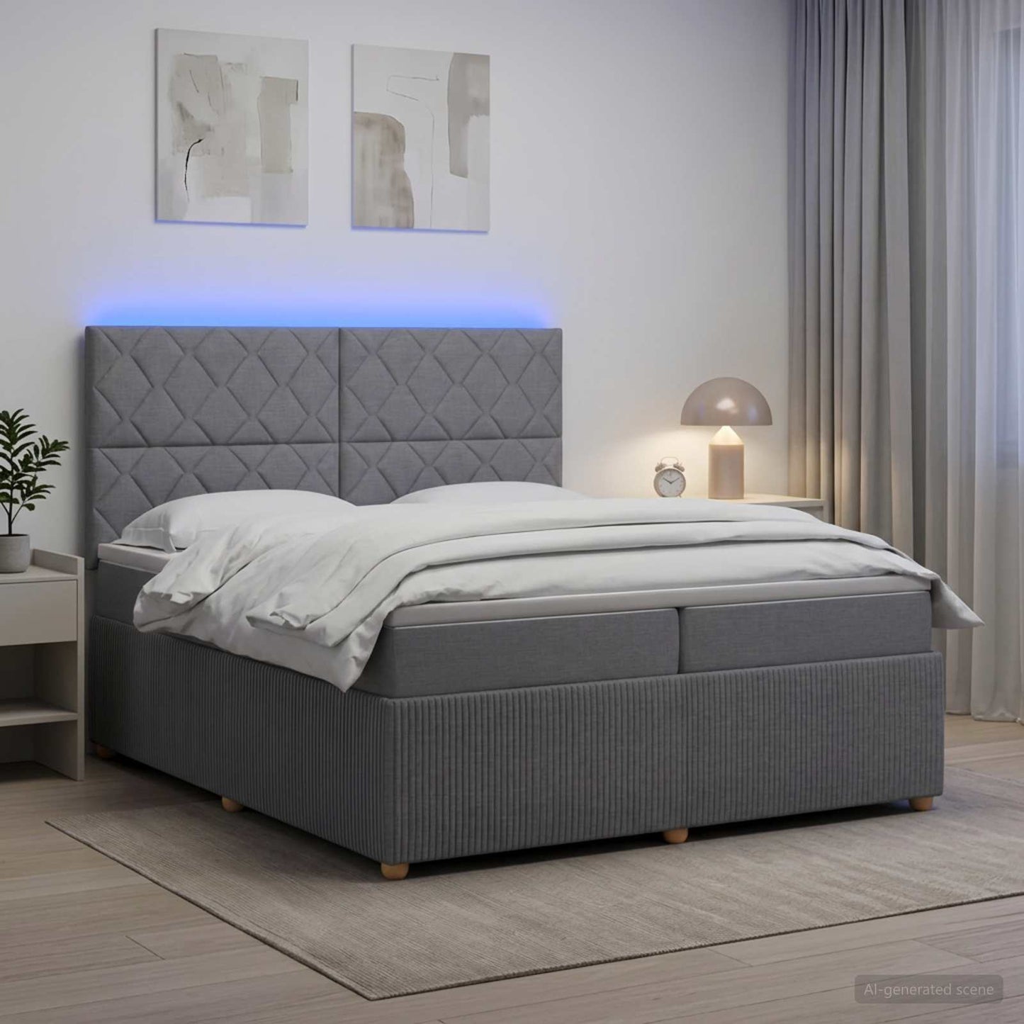 LED Boxspring Ágy Mattal Világosszürke 200 x 200 cm Szövet