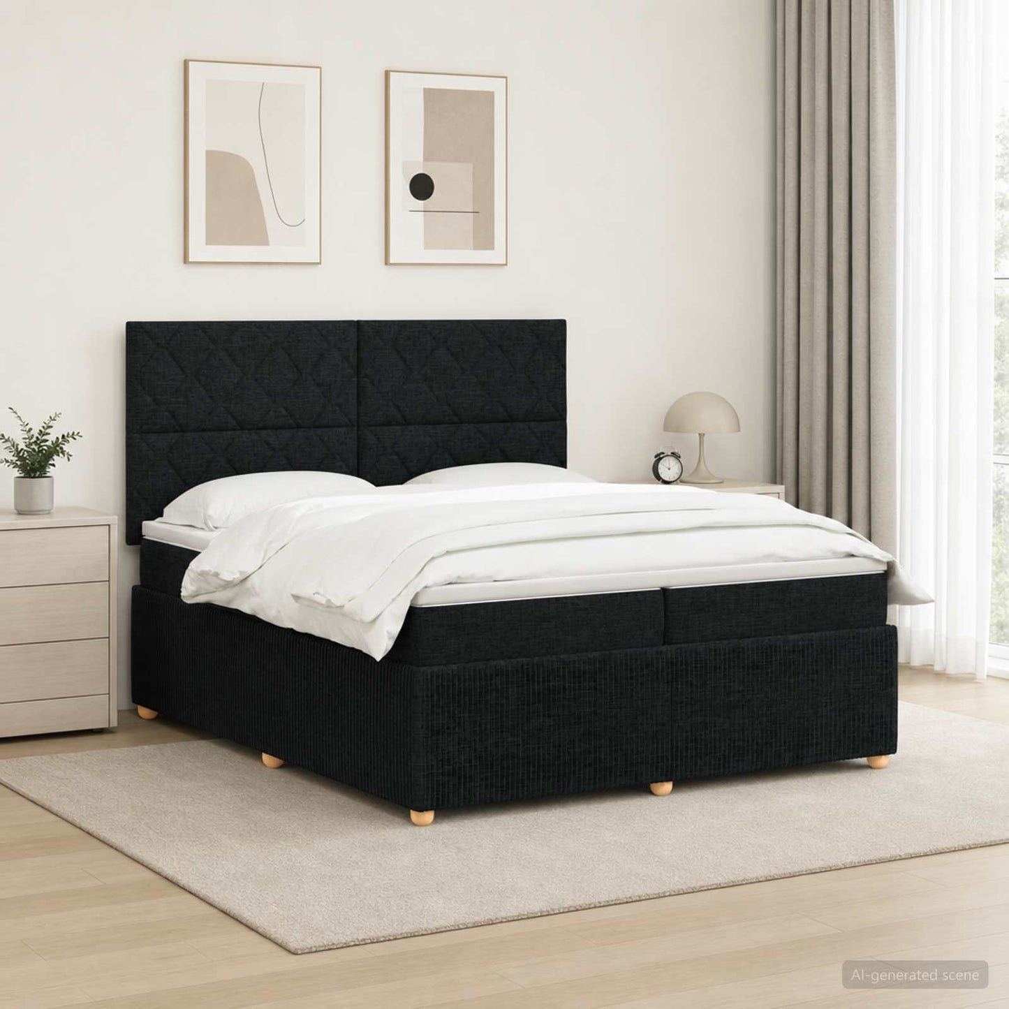 LED Boxspring Ágy Mattal fejtámlával Fekete 200 x 200 cm Szövet