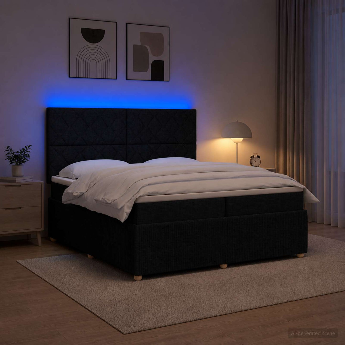 LED Boxspring Ágy Mattal fejtámlával Fekete 200 x 200 cm Szövet