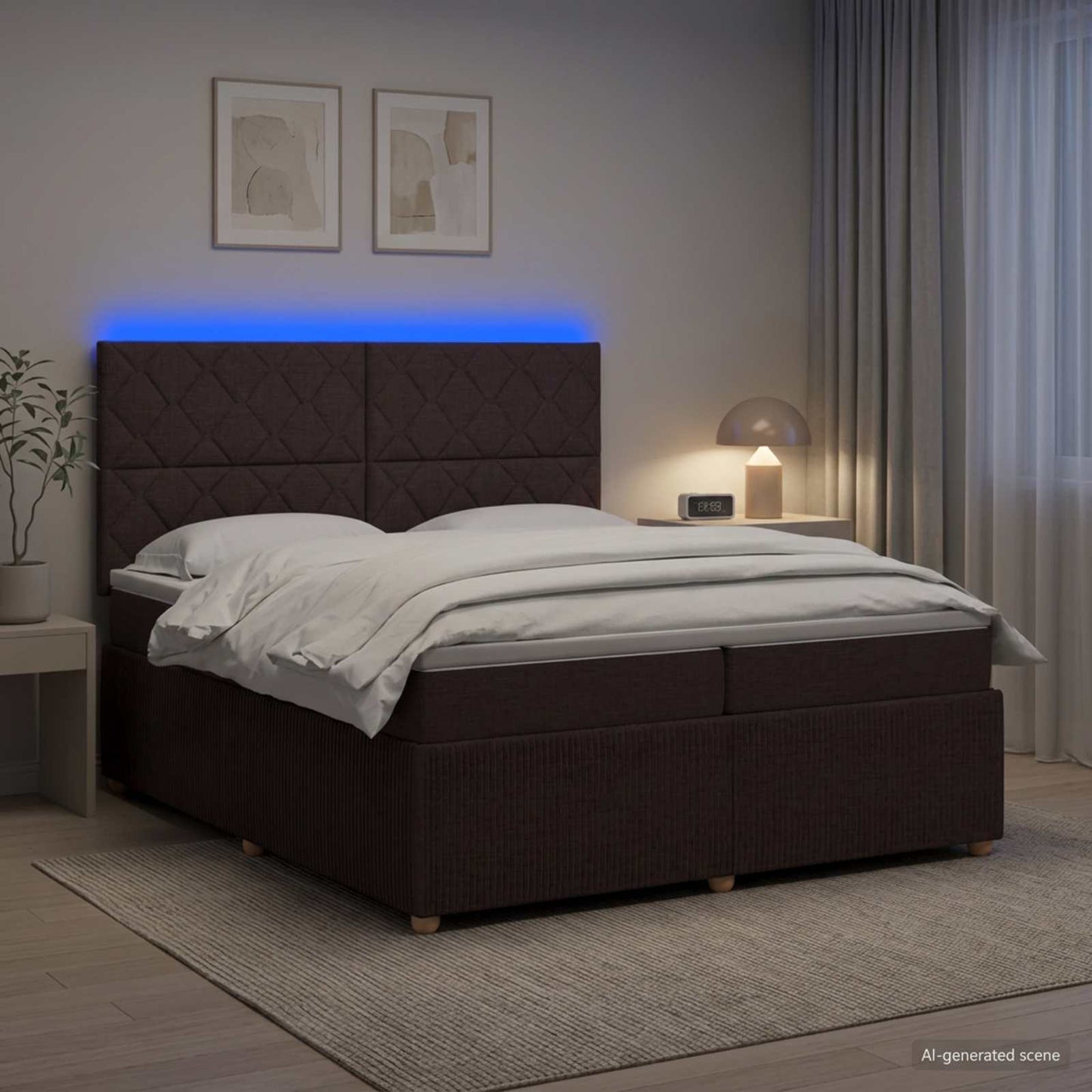 LED Boxspring Ágy Mattal Sötét Barna 200 x 200 cm Szövet