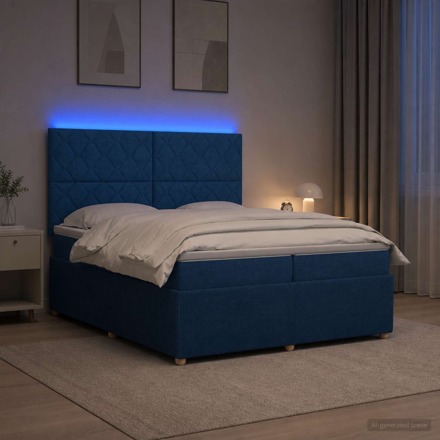 LED Boxspring Ágy Mattal fejtámlával Kék 200 x 200 cm Szövet