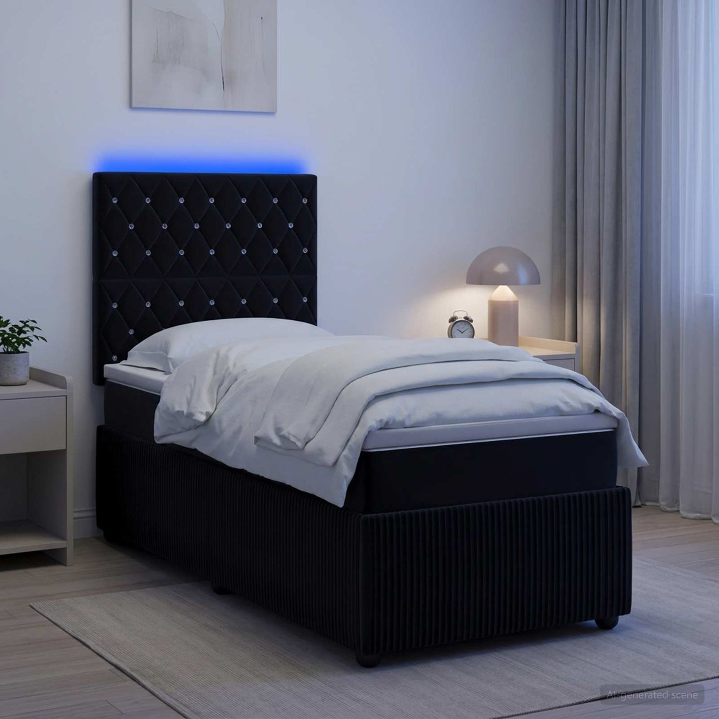 LED Boxspring Ágy Mattal Fekete 100 x 200 cm Bársony