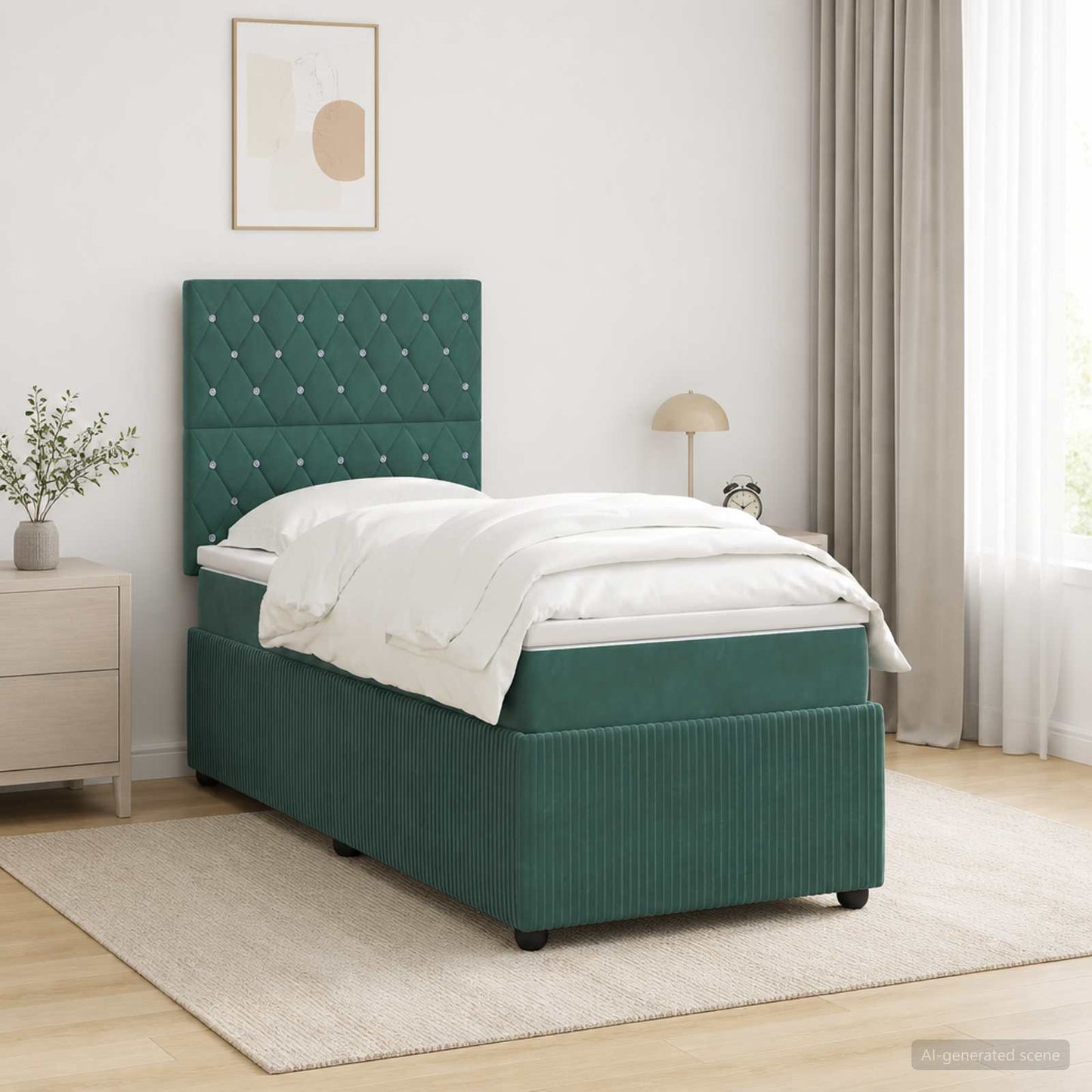 LED Boxspring Ágy Mattal Sötétzöld 100 x 200 cm Bársony