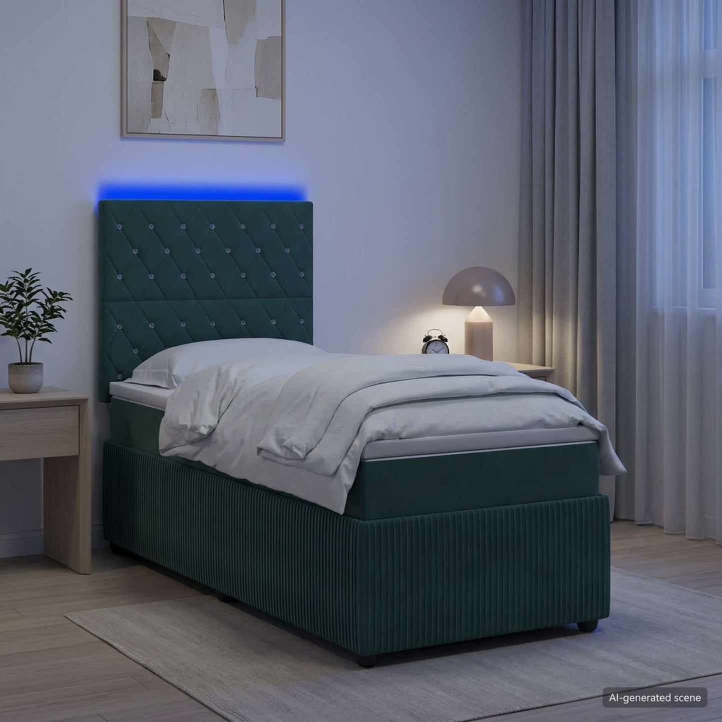 LED Boxspring Ágy Mattal Sötétzöld 100 x 200 cm Bársony