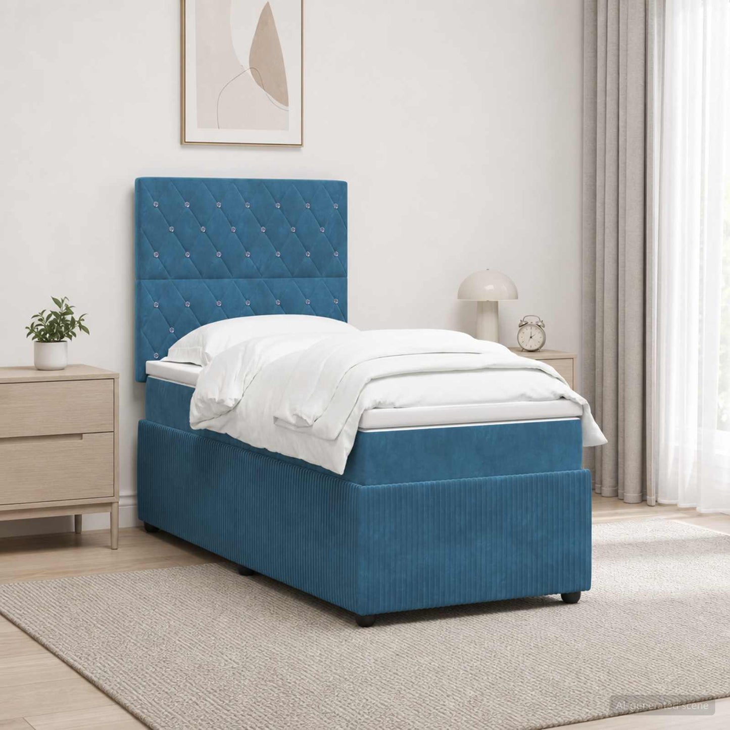 LED Boxspring Ágy Mattal fejtámlával Kék 100 x 200 cm Bársony