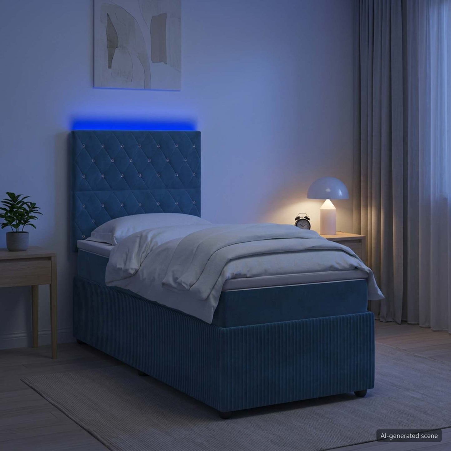 LED Boxspring Ágy Mattal fejtámlával Kék 90 x 200 cm Bársony