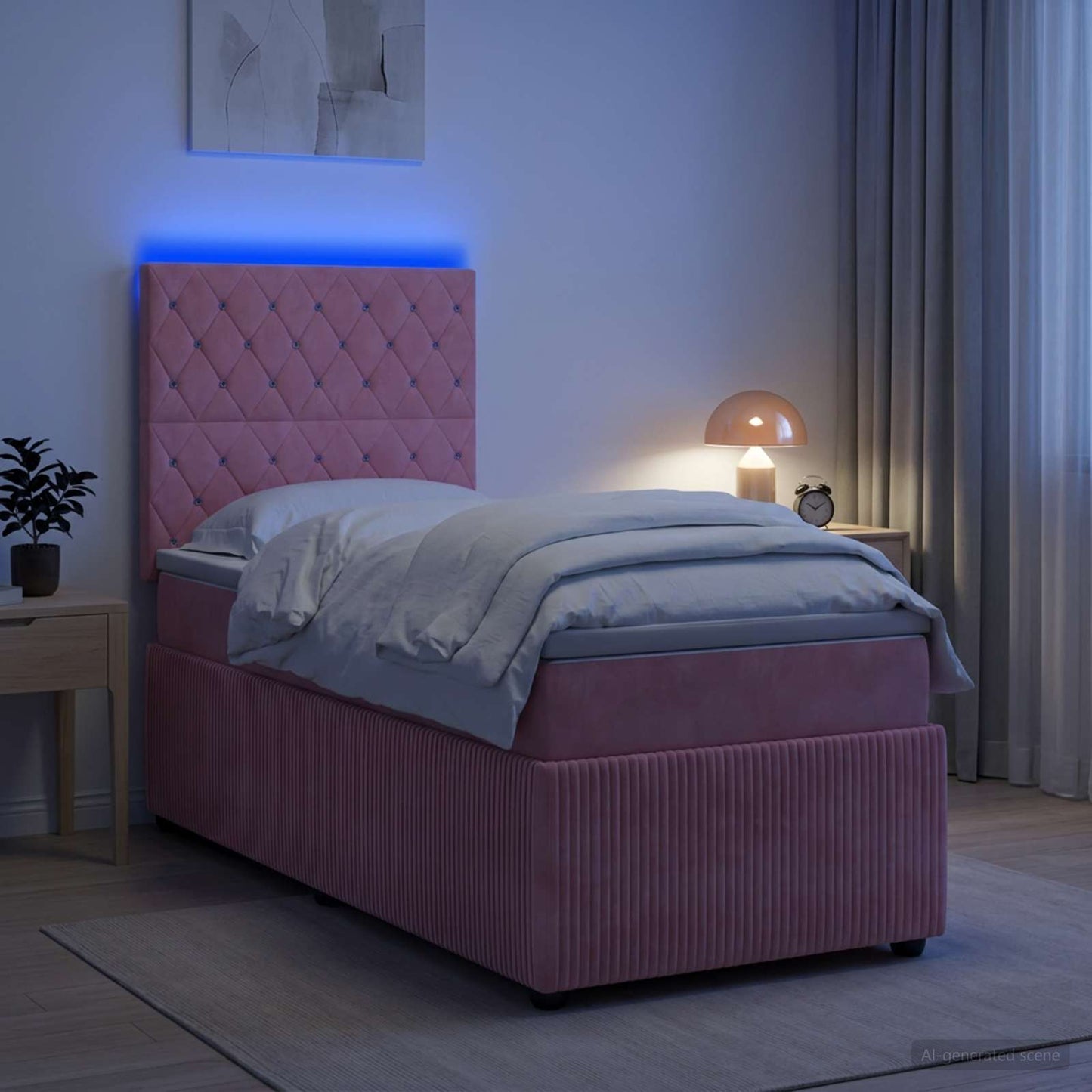 LED Boxspring Ágy Mattal Rózsaszín 90 x 200 cm Bársony