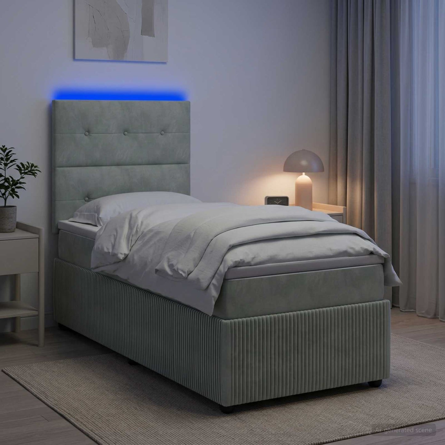 LED Boxspring Ágy Mattal Világosszürke 90 x 190 cm Bársony