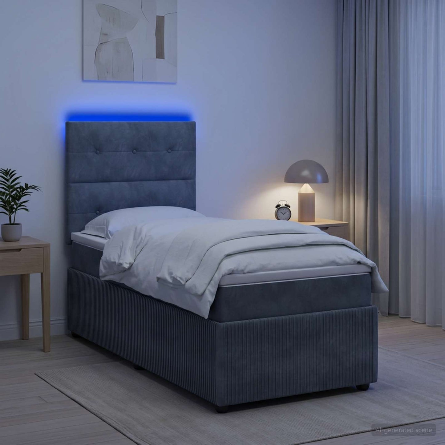 LED Boxspring Ágy Mattal Sötétszürke 90 x 190 cm Bársony