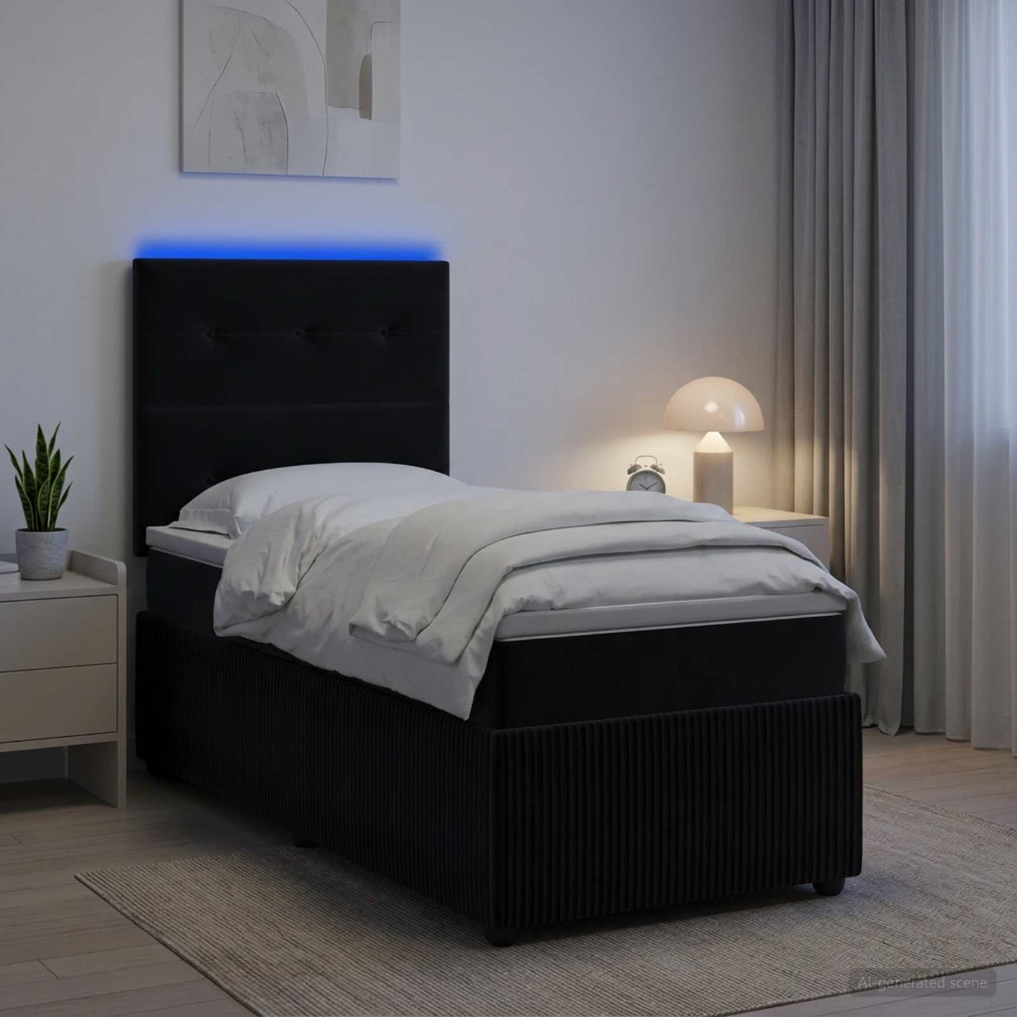 LED Boxspring Ágy Mattal fejtámlával Fekete 80 x 200 cm Bársony