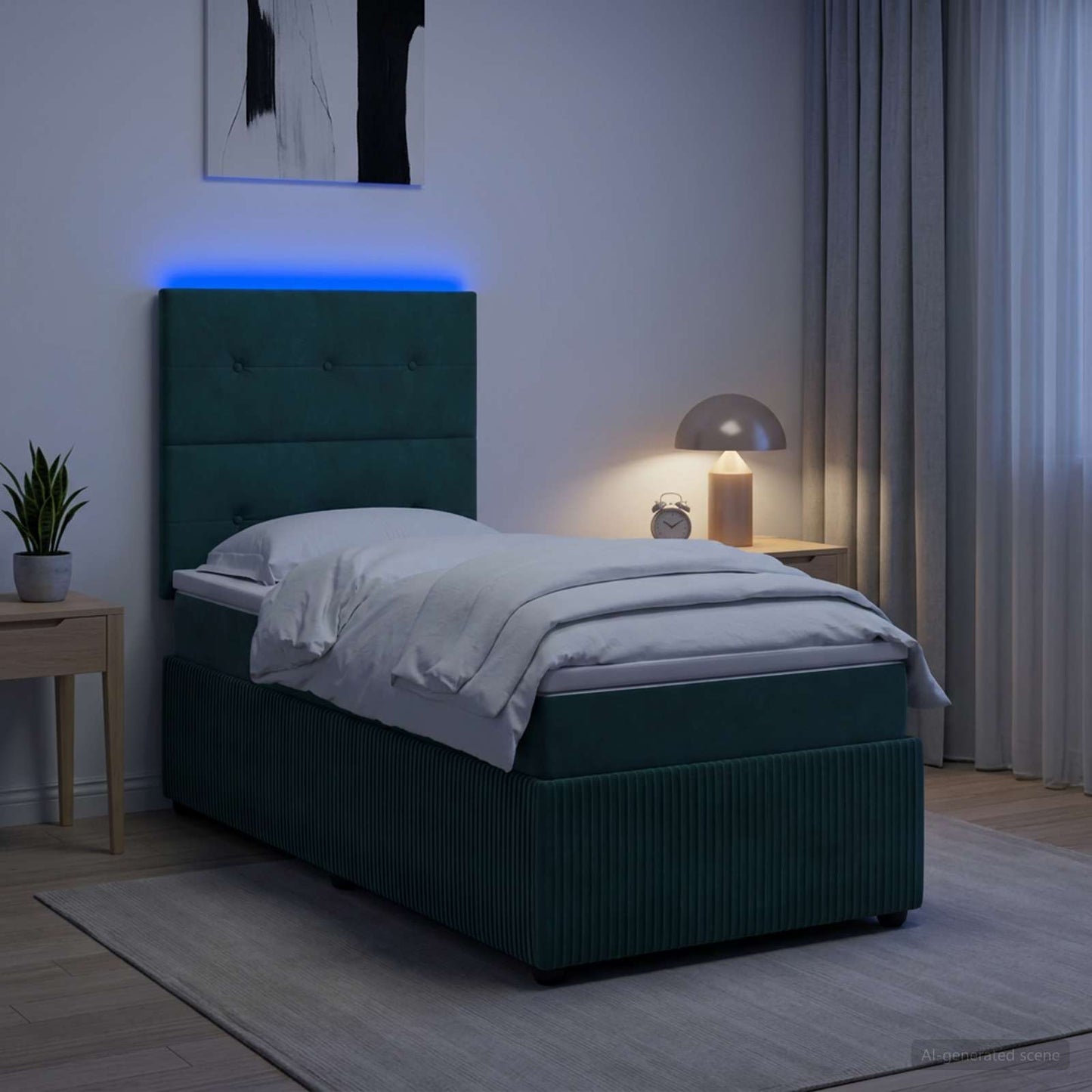 LED Boxspring Ágy Mattal Sötétzöld 80 x 200 cm Bársony