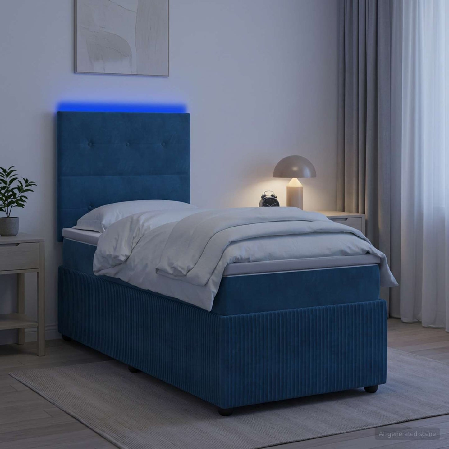 LED Boxspring Ágy Mattal fejtámlával Kék 100 x 200 cm Bársony