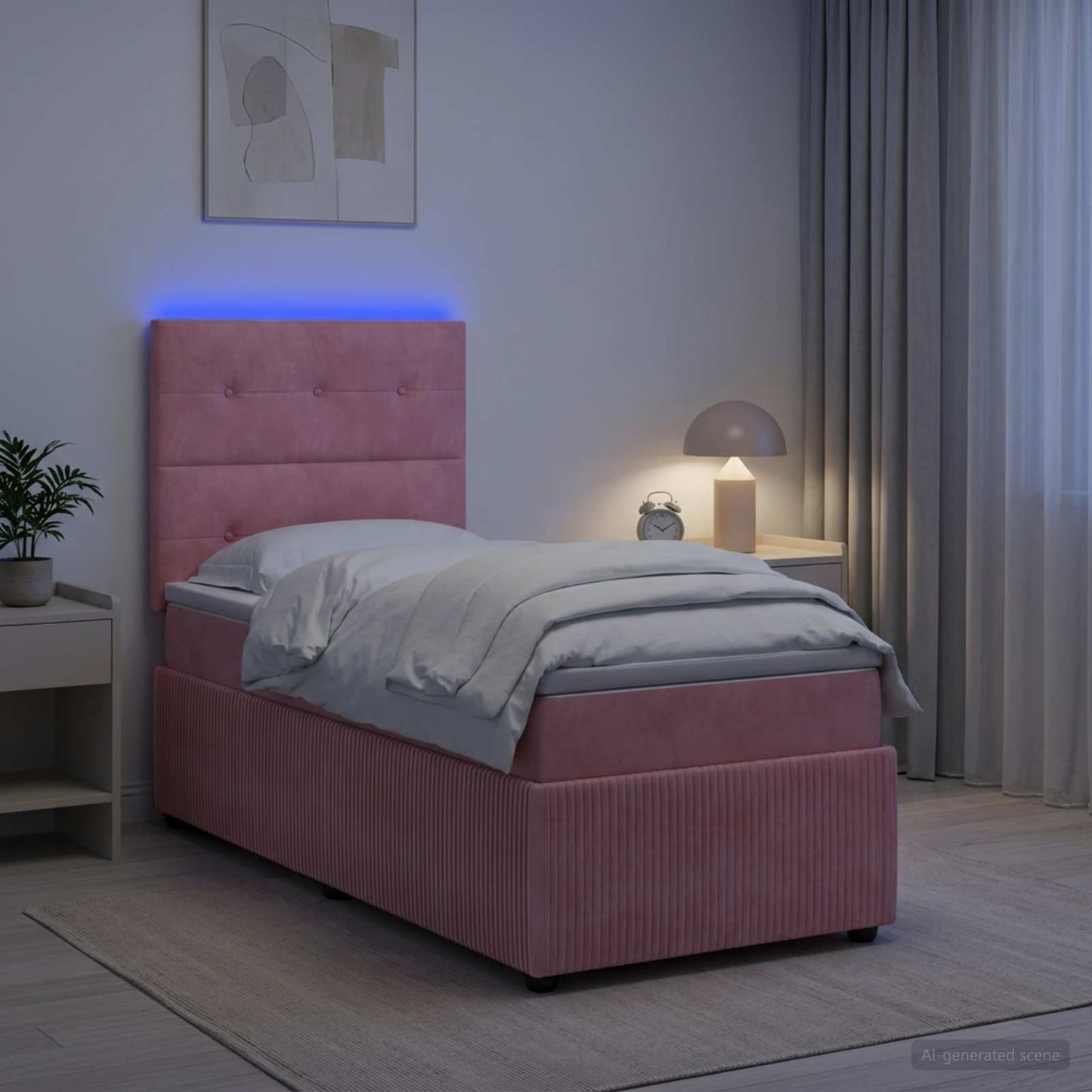 LED Boxspring Ágy Mattal Rózsaszín 90 x 190 cm Bársony