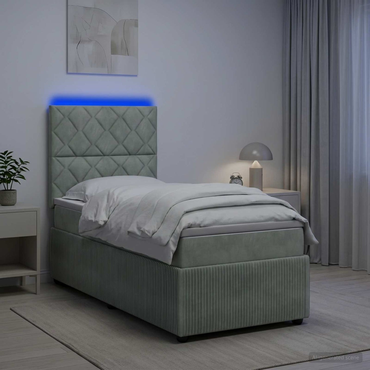 LED Boxspring Ágy Mattal Világosszürke 90 x 190 cm Bársony