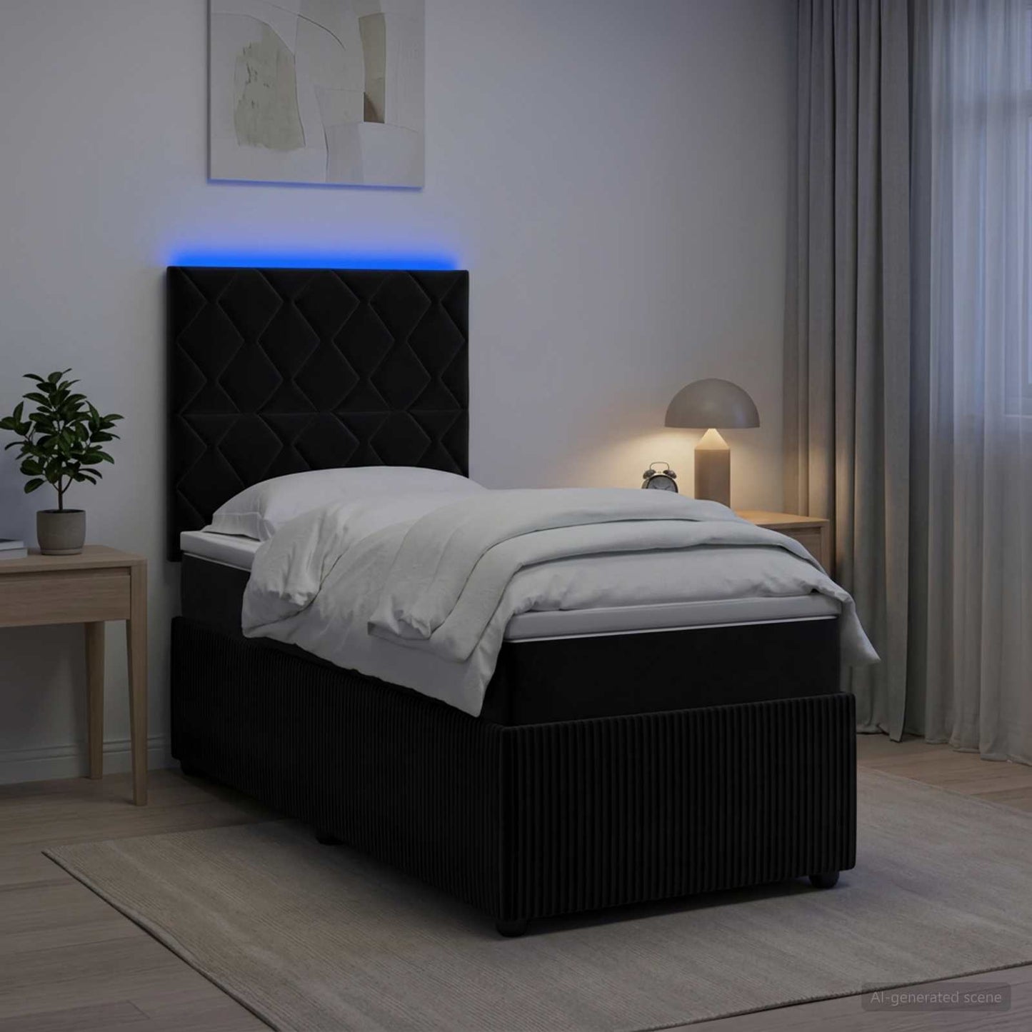 LED Boxspring Ágy Mattal Fekete 100 x 200 cm Bársony