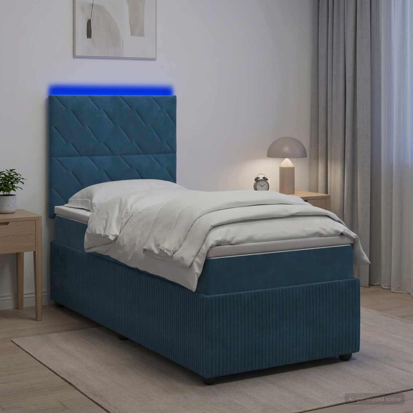 LED Boxspring Ágy Mattal fejtámlával Kék 100 x 200 cm Bársony