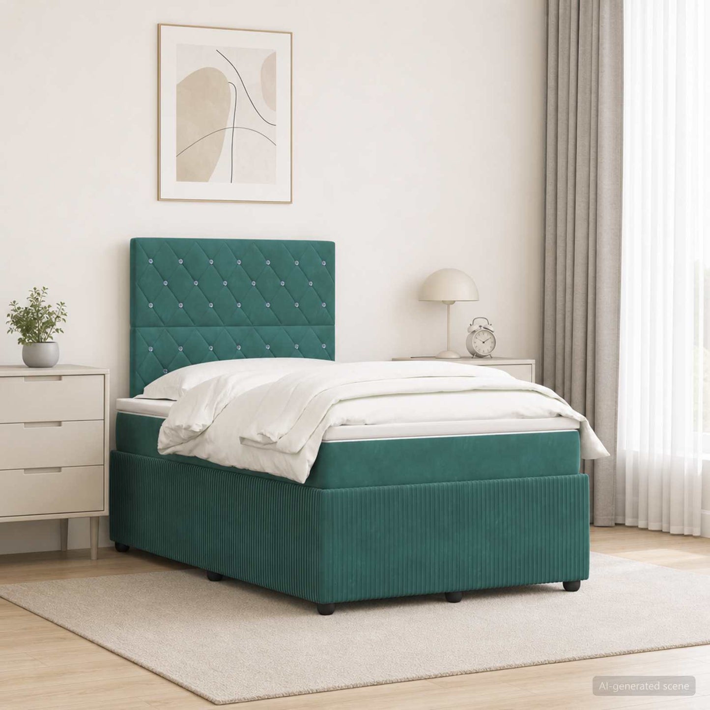 LED Boxspring Ágy Mattal Sötétzöld 120 x 190 cm Bársony