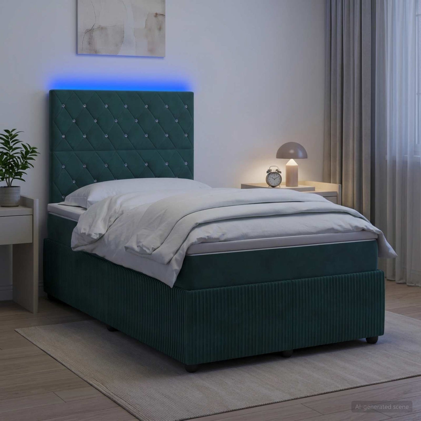 LED Boxspring Ágy Mattal Sötétzöld 120 x 190 cm Bársony
