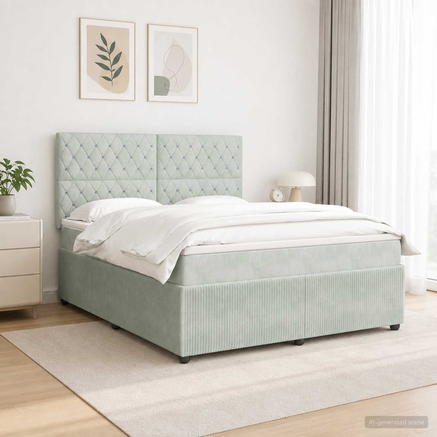 LED Boxspring Ágy Mattal Világosszürke 180 x 200 cm Bársony
