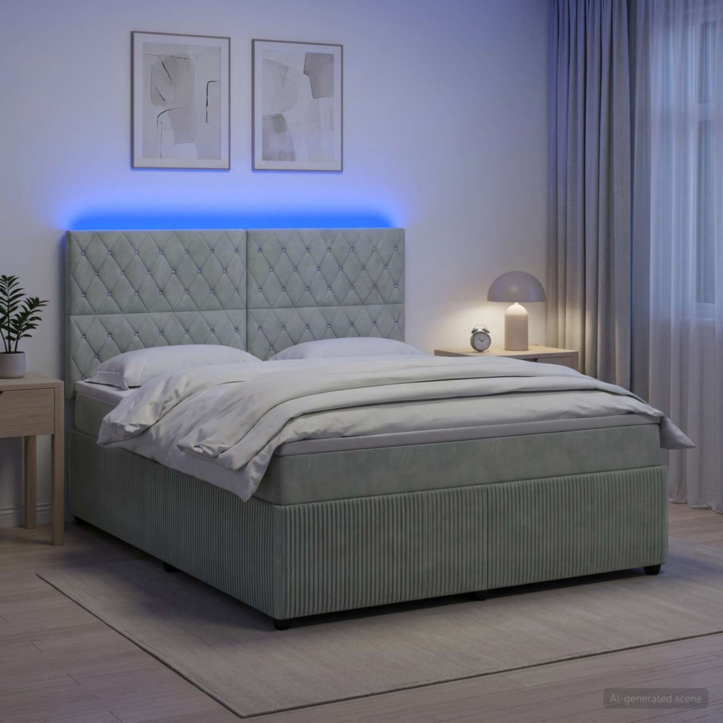 LED Boxspring Ágy Mattal Világosszürke 140 x 200 cm Bársony
