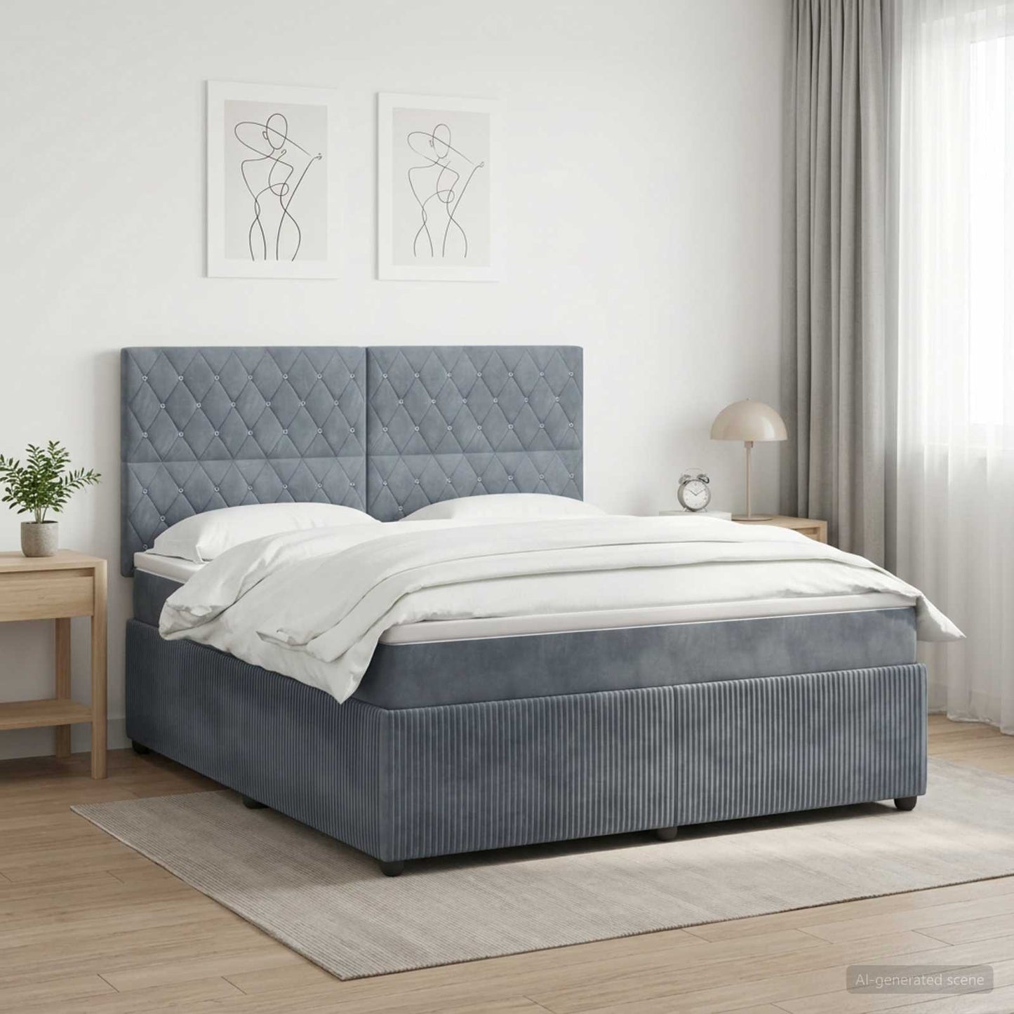 LED Boxspring Ágy Mattal Sötétszürke 160 x 200 cm Bársony