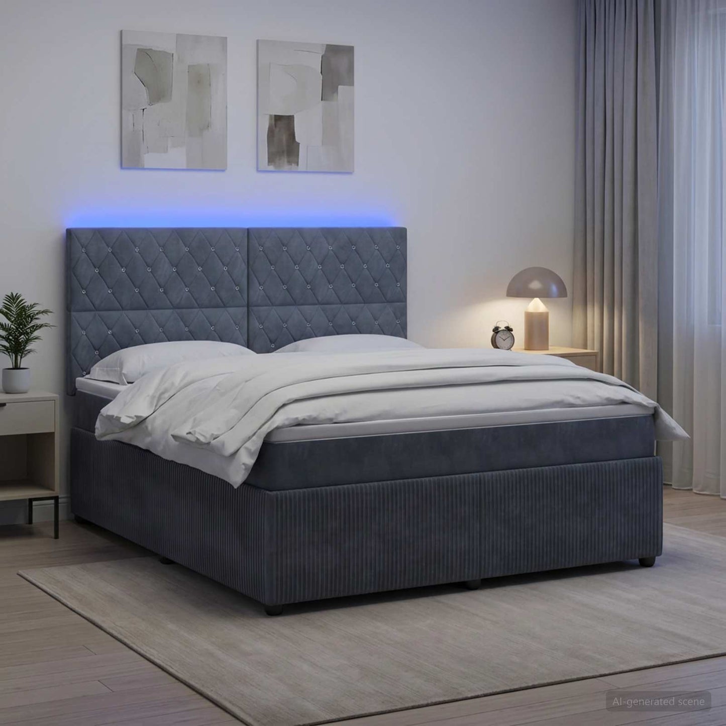 LED Boxspring Ágy Mattal Sötétszürke 160 x 200 cm Bársony