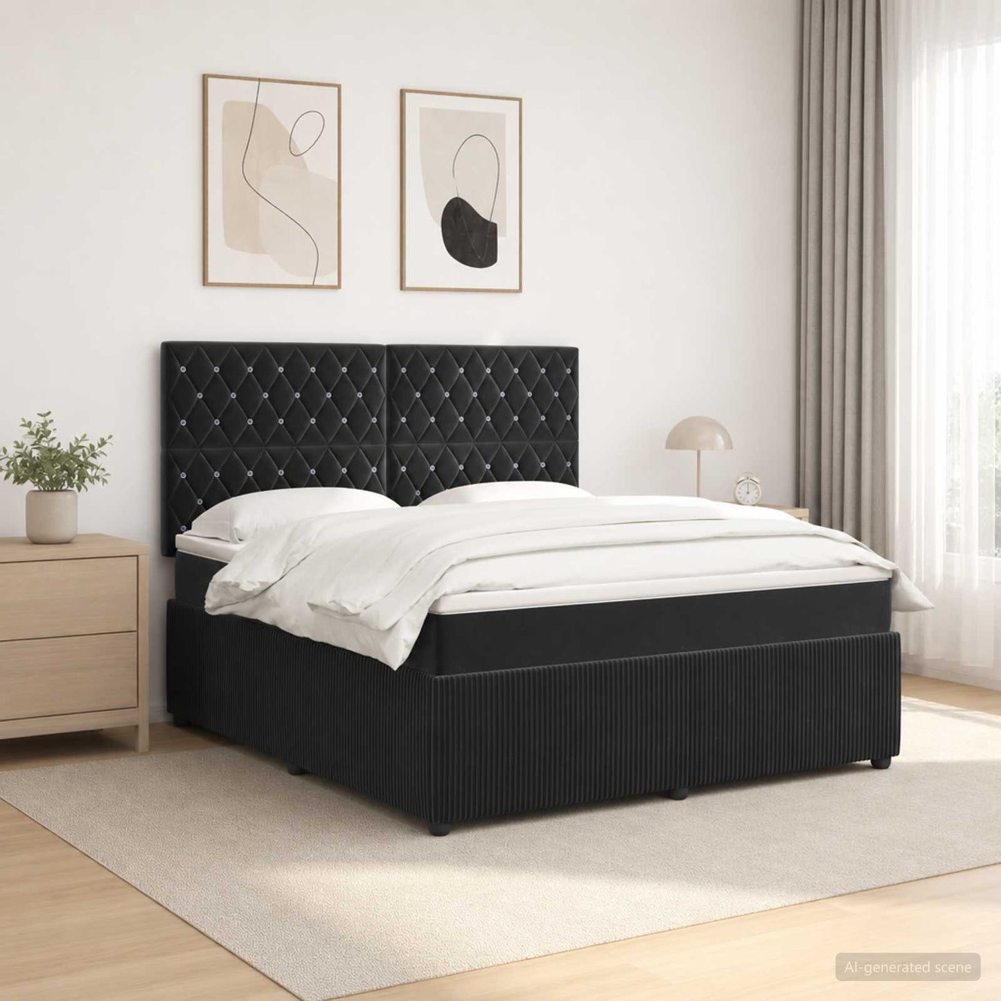 LED Boxspring Ágy Mattal Fekete 160 x 200 cm Bársony