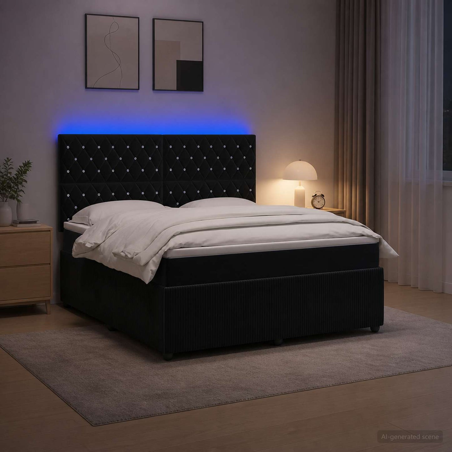 LED Boxspring Ágy Mattal Fekete 180 x 200 cm Bársony